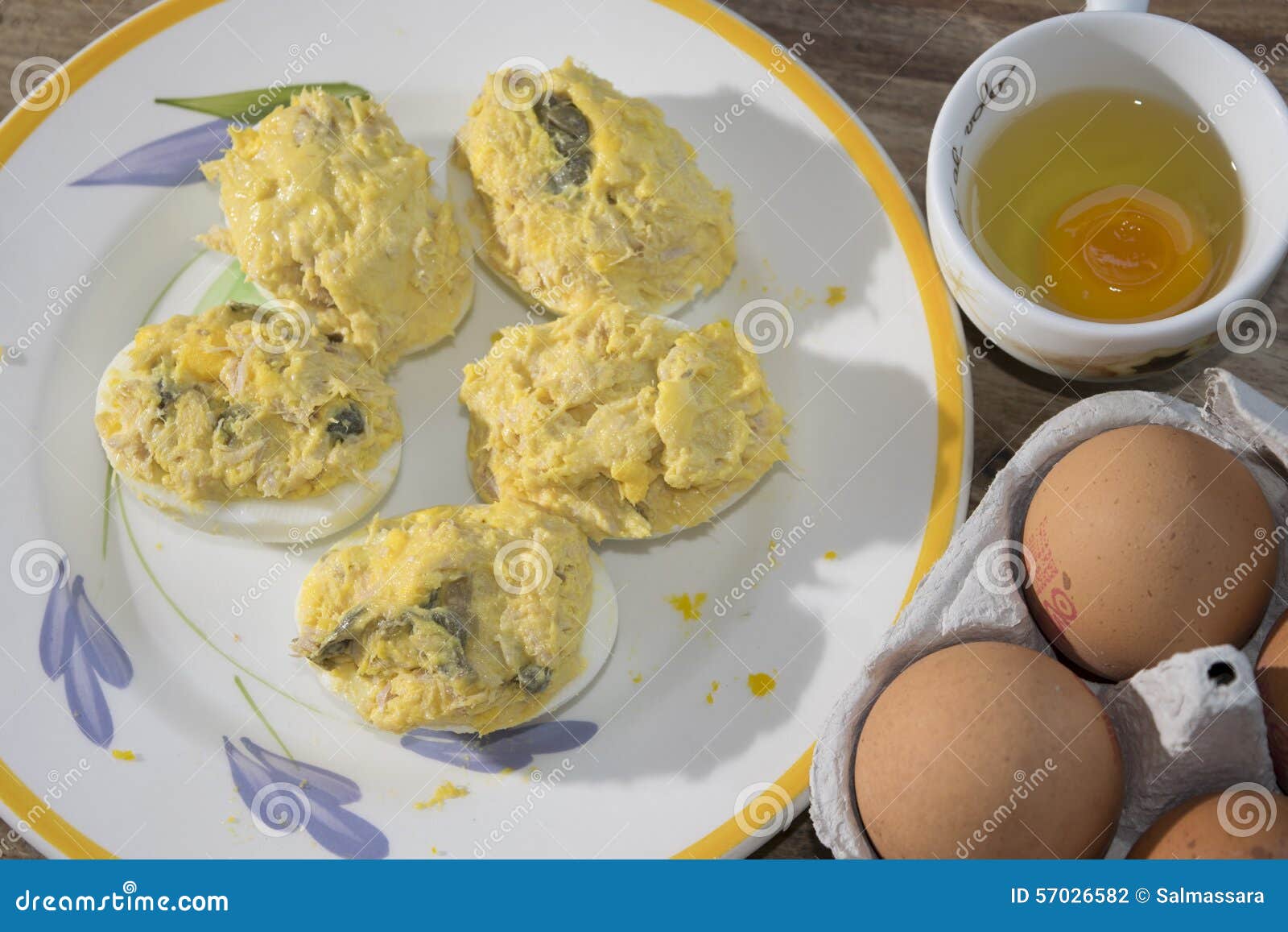 Filled eggs at the tuna stock photo. Image of green, white 57026582