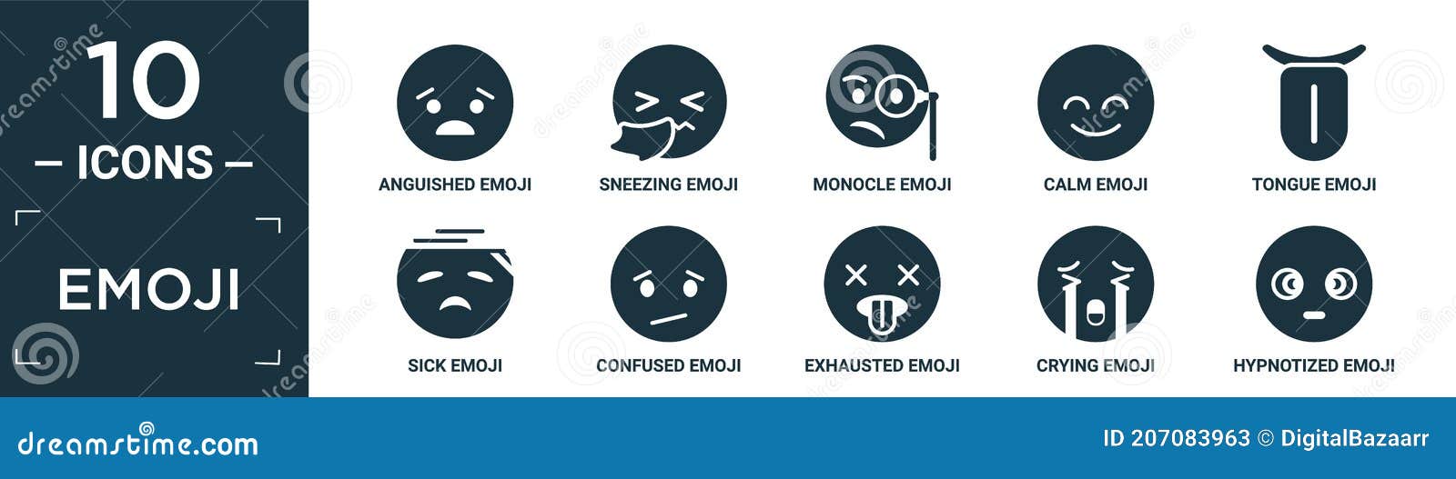Filled Emoji Icon Set Contain Flat Anguished Emoji Sneezing Emoji Monocle Calm Tongue Sick Confused Exhausted Crying Hypnotized Stock Vector Illustration Of Emotion Sick