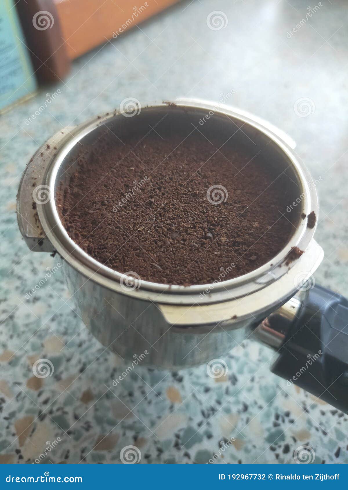 Filled Espresso Coffee Puck With Dark Roasted Coffee Stock Photo