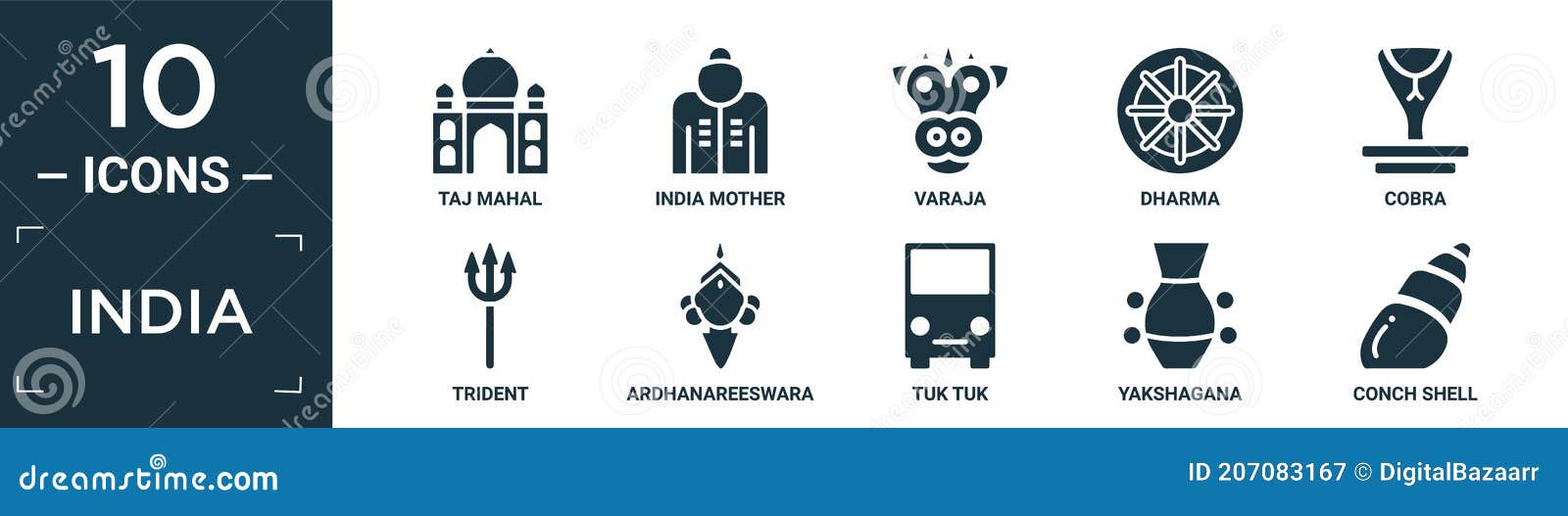 Filled India Icon Set. Contain Flat Taj Mahal, India Mother ...