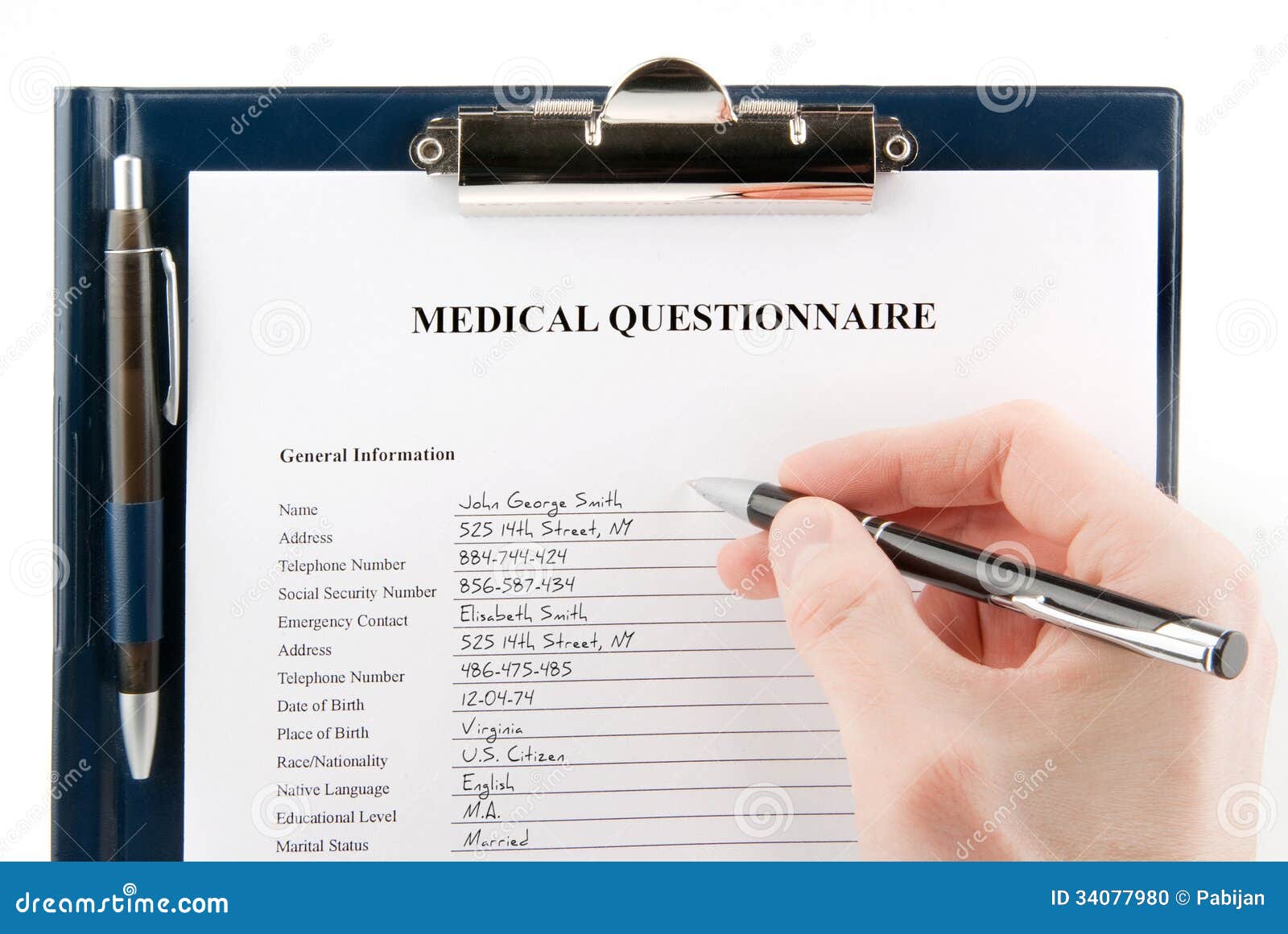 Filled in Medical Questionnaire with a Hand Stock Photo Image of