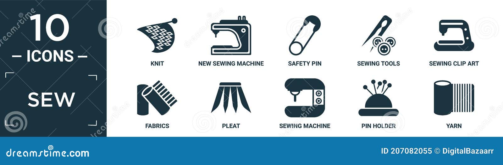 filled sew icon set. contain flat knit, new sewing machine, safety pin, sewing tools, sewing clip art, fabrics, pleat, machine,