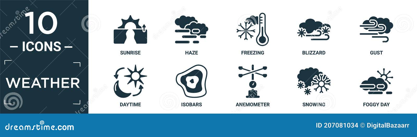 filled weather icon set. contain flat sunrise, haze, freezing, blizzard, gust, daytime, isobars, anemometer, snowing, foggy day