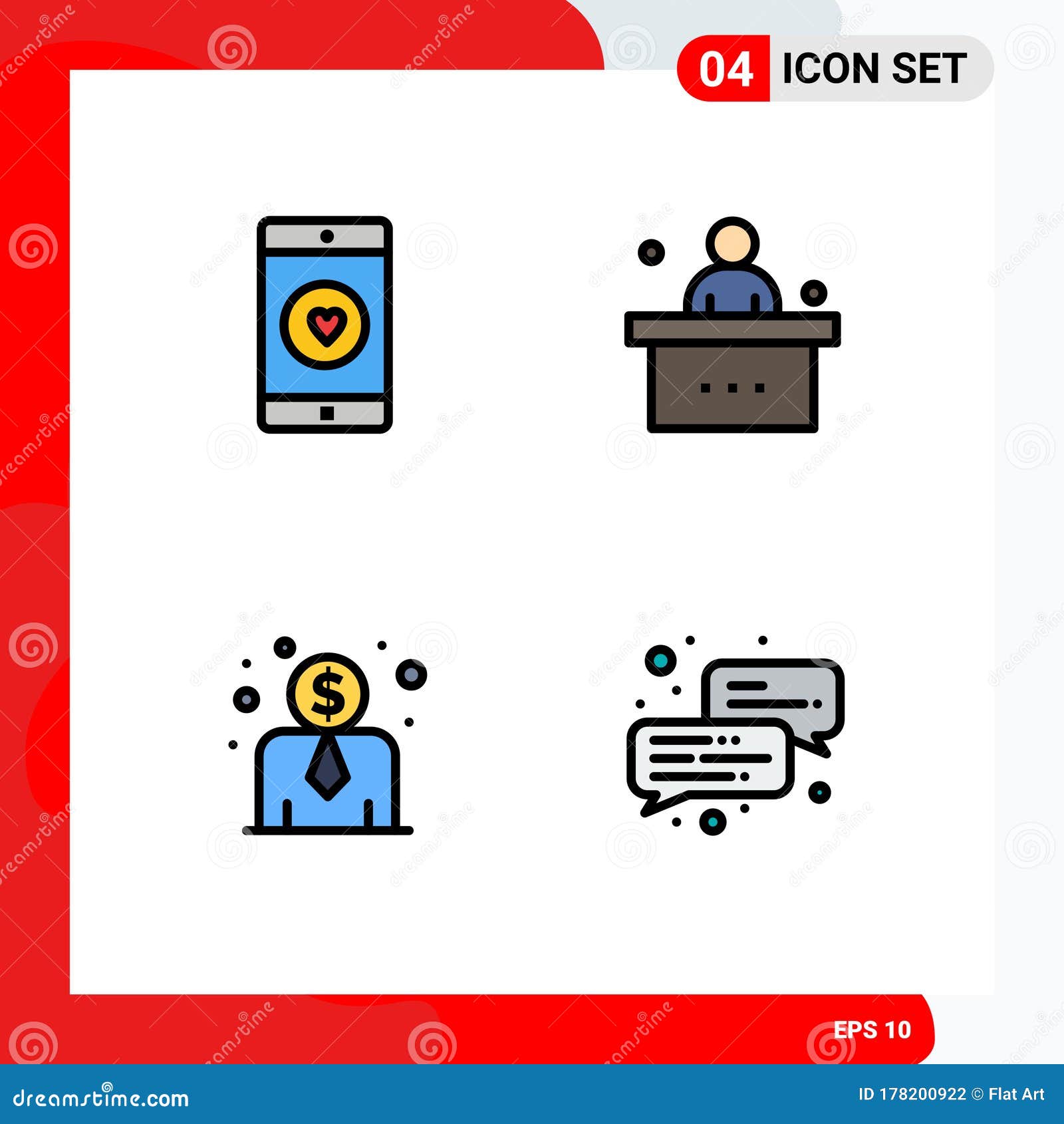 filledline flat color pack of 4 universal s of application, study, like, desk, employee salary