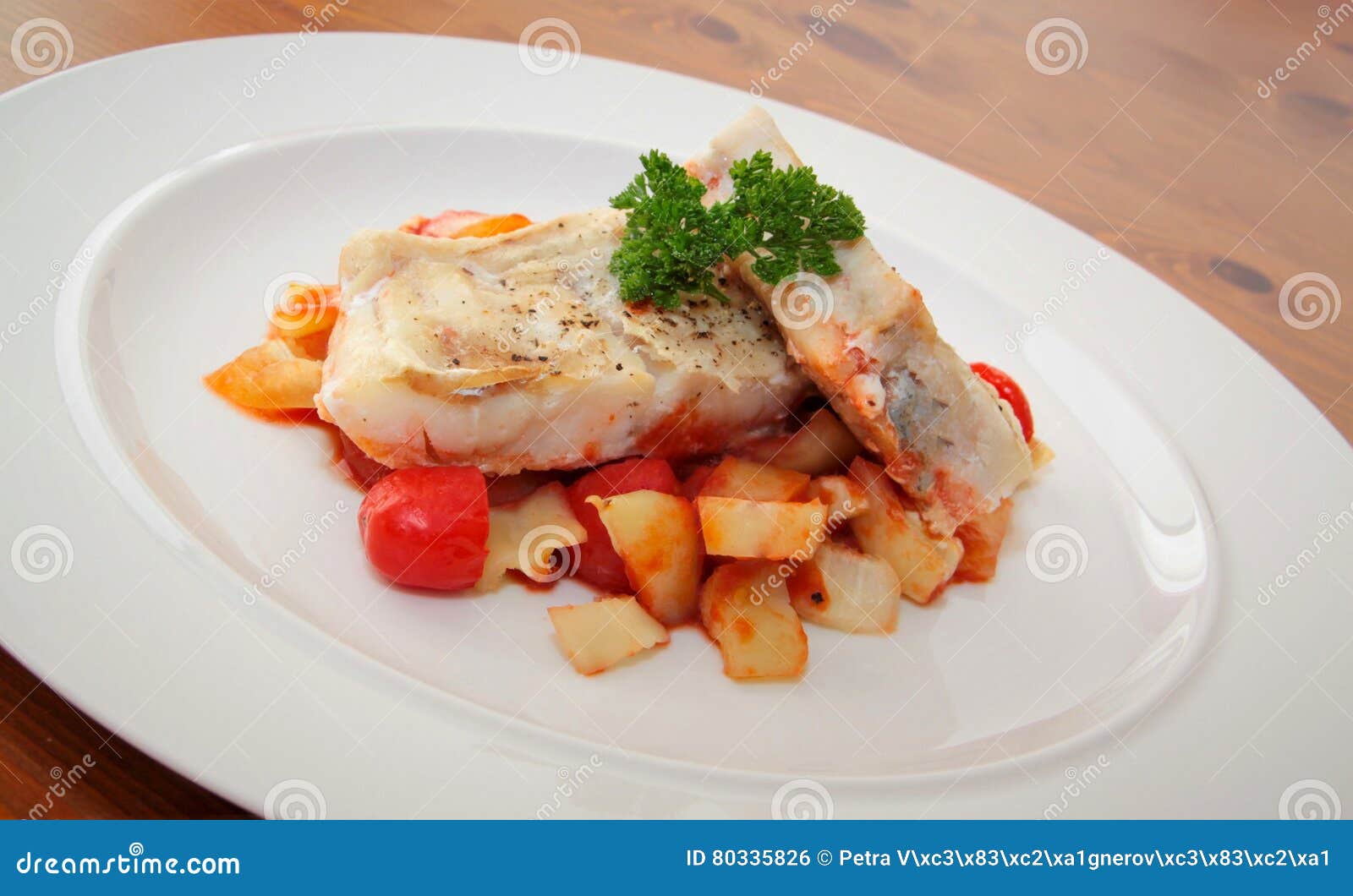 Fillet Of Codfish Baked In Tomato Sauce And Vegetable Stock Photo Image Of Fried Green 80335826