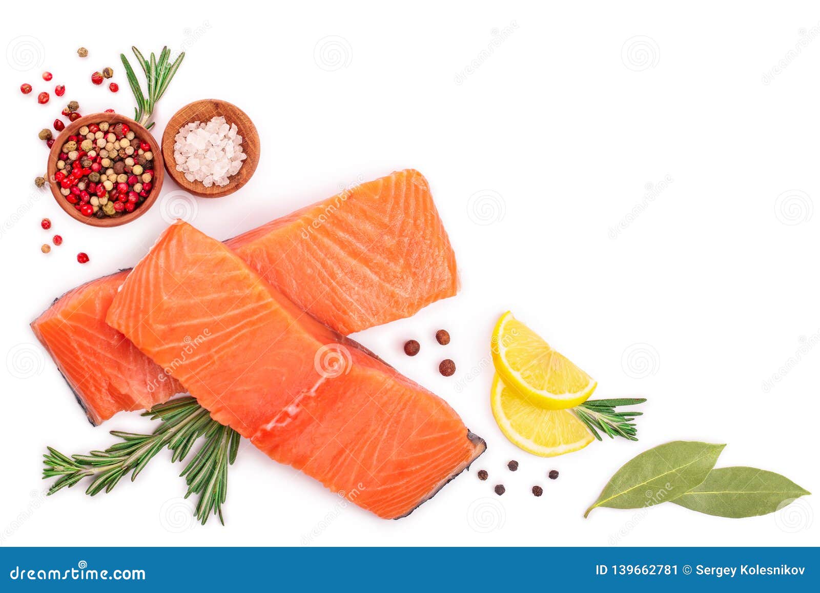 Fillet of Red Fish Salmon with Lemon and Rosemary Isolated on White ...