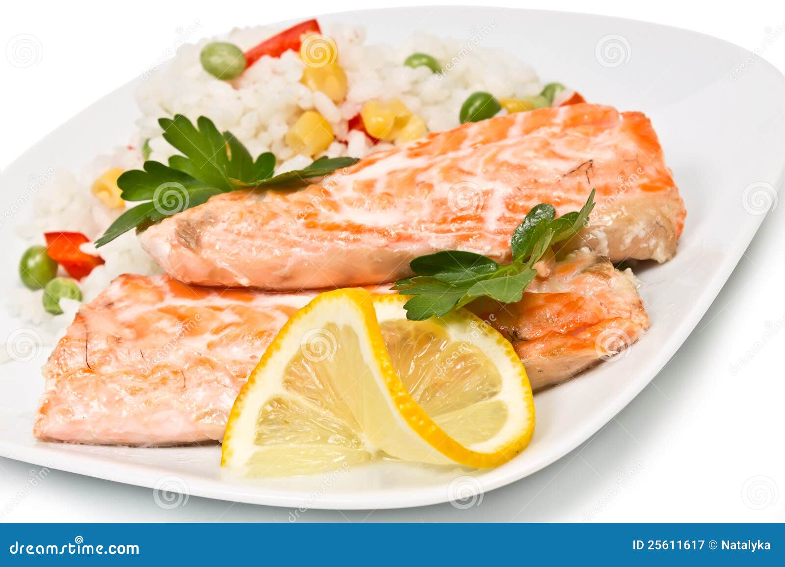 Fillet of Salmon and Rice with Vegetables Stock Image - Image of