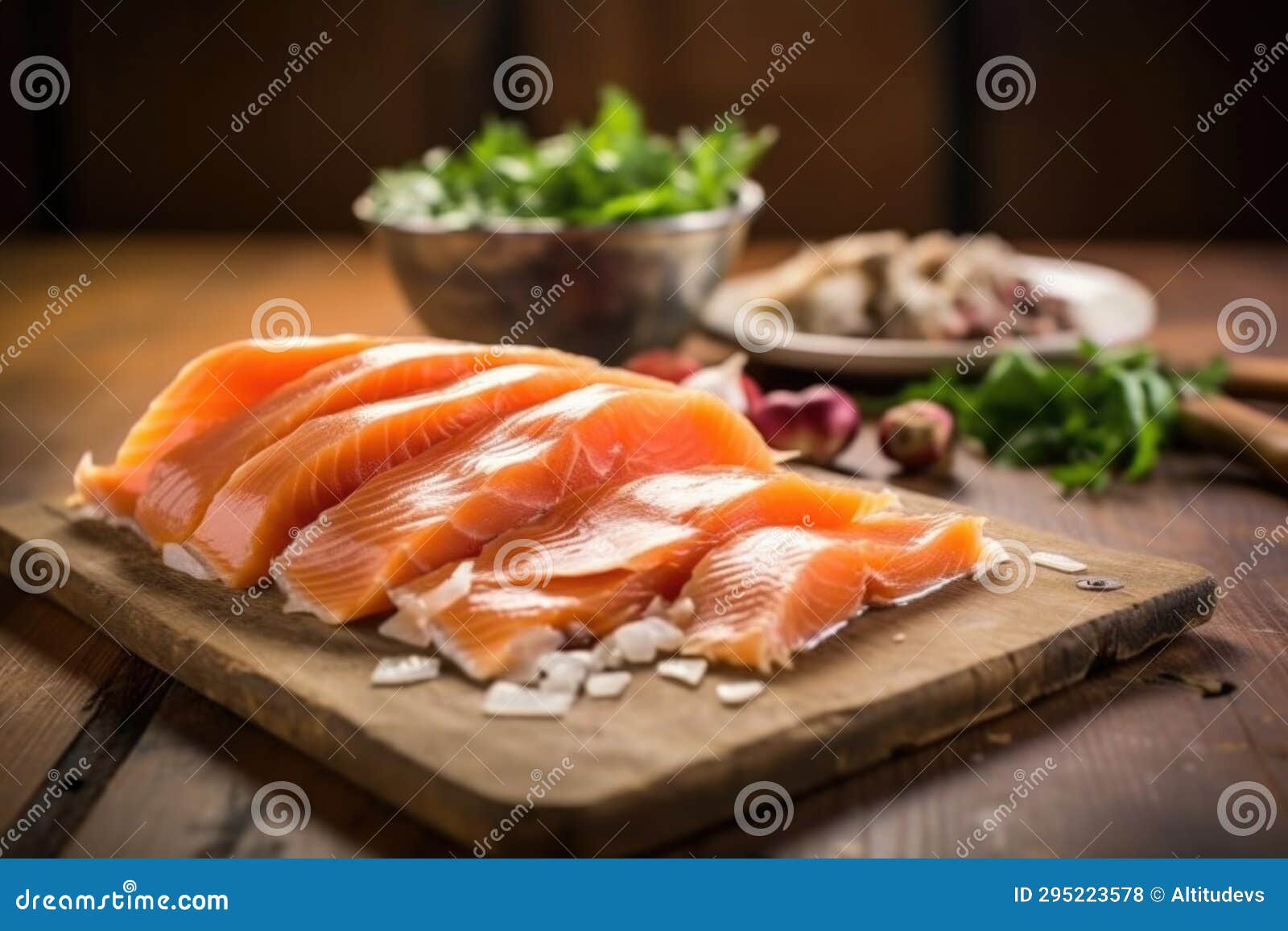 Filleted Smoked Salmon with Cedar Planks in Background Stock Photo