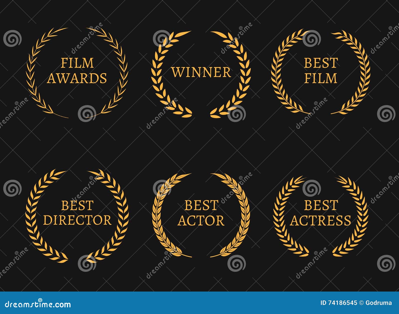 Film Academy Awards Winners and Best Nominee Gold Wreaths on Black ...