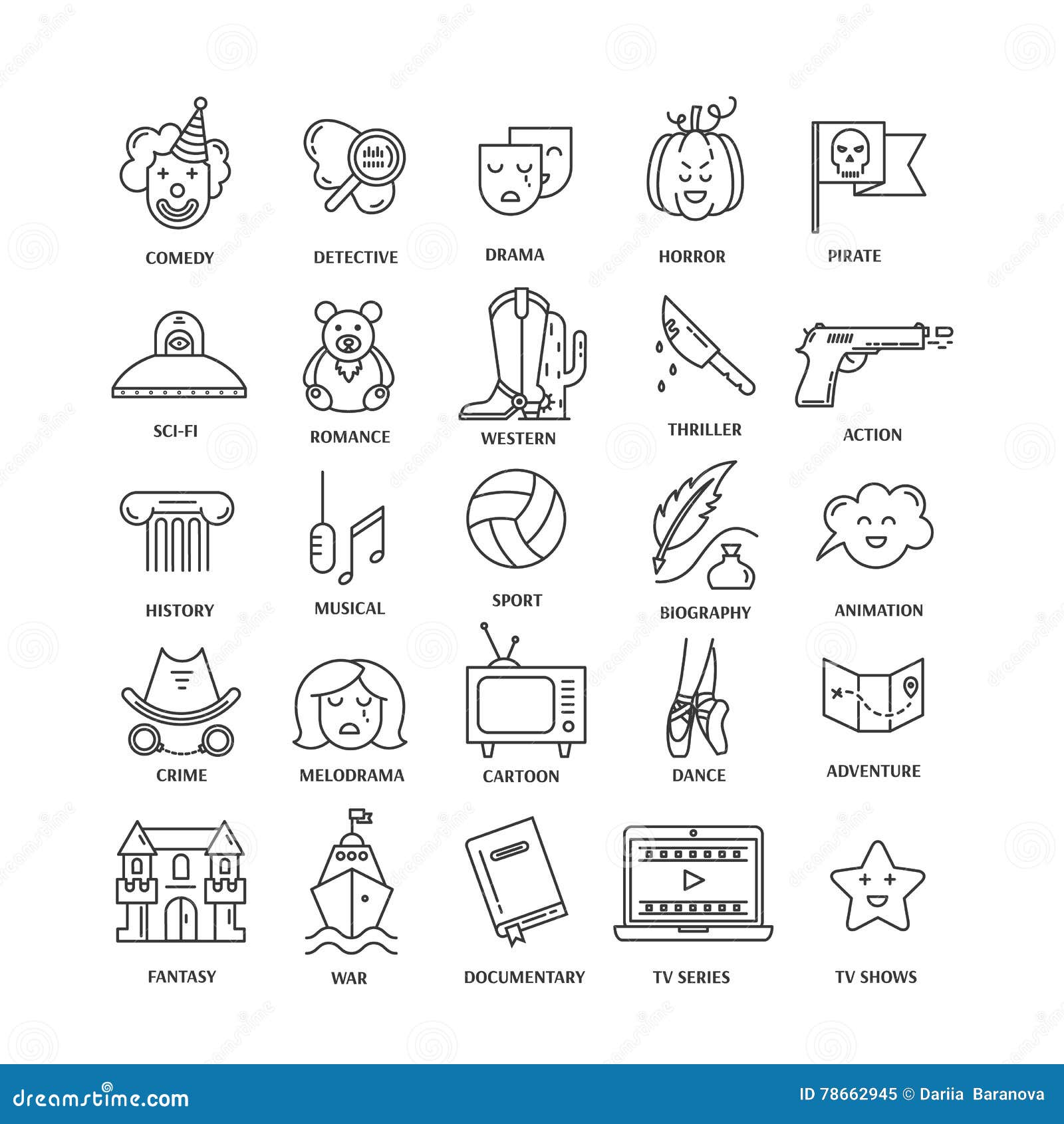 Different Film Genres Neon Light Icons Set Vector Illustration