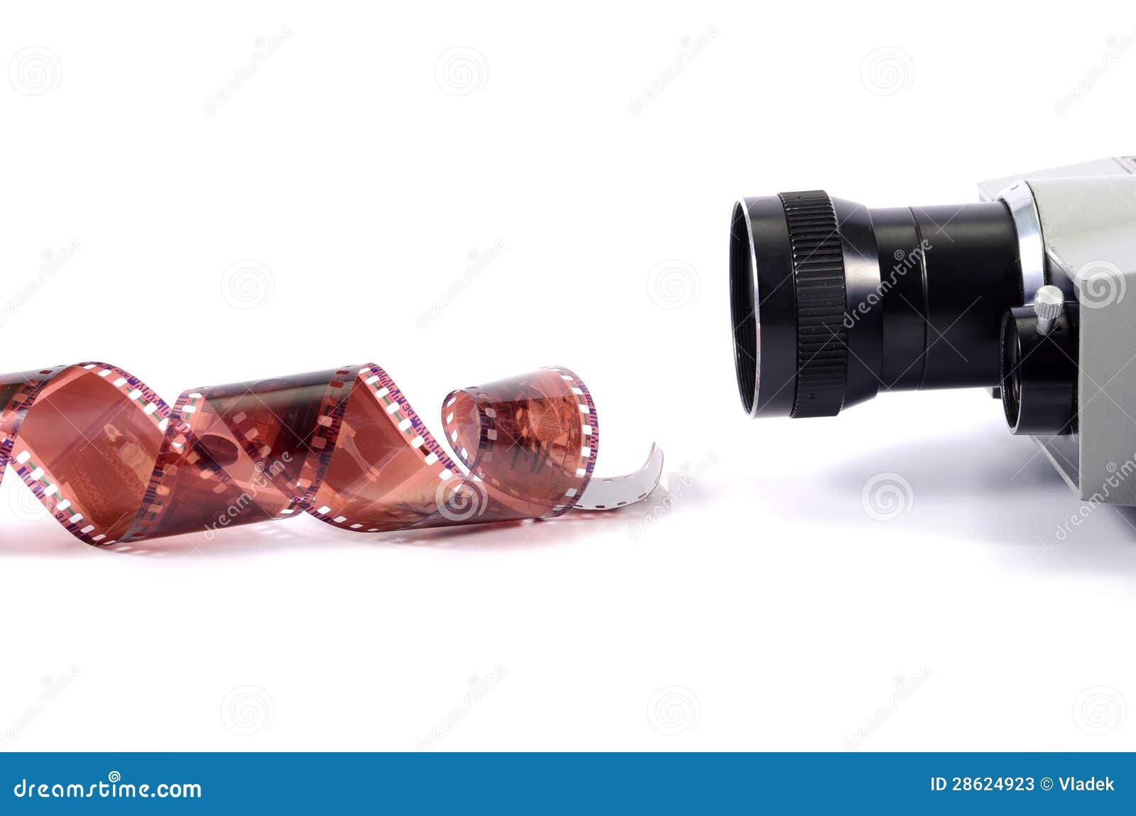 Film production. Old camera and film strip isolated , movie industry concept