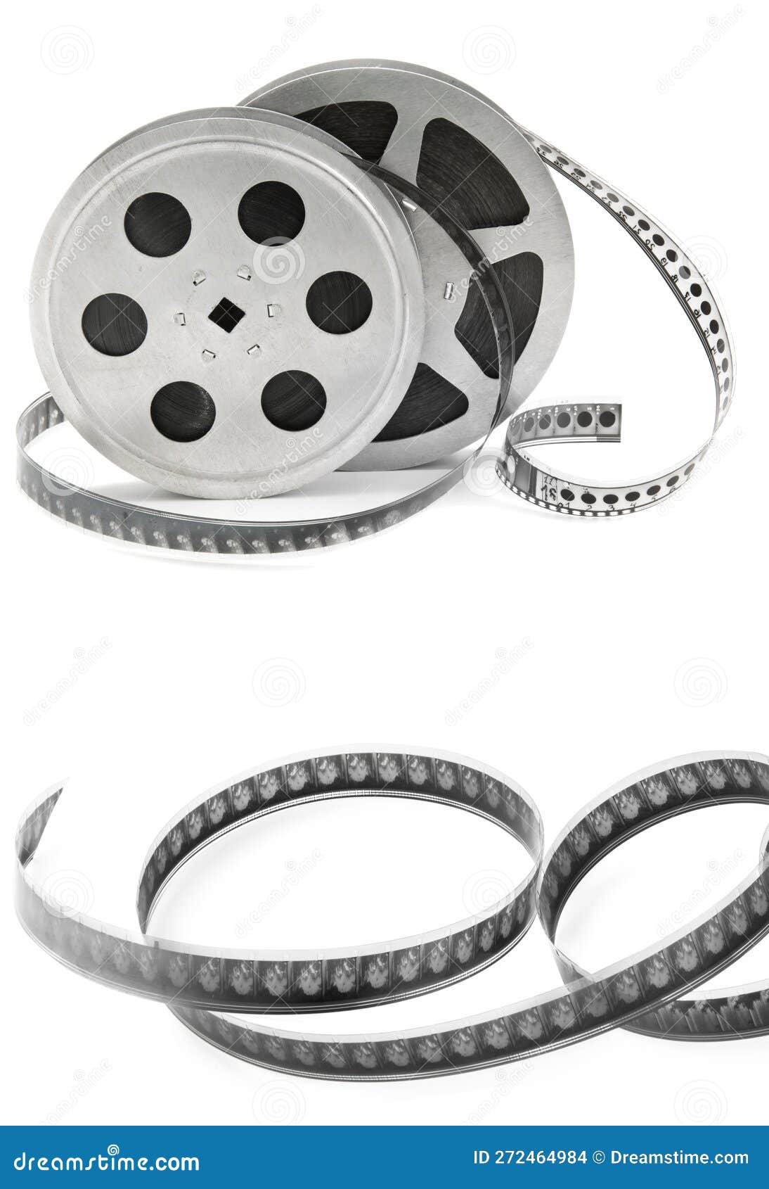 Film Reel Isolated on White . Collage. Vertical Photo Stock Photo
