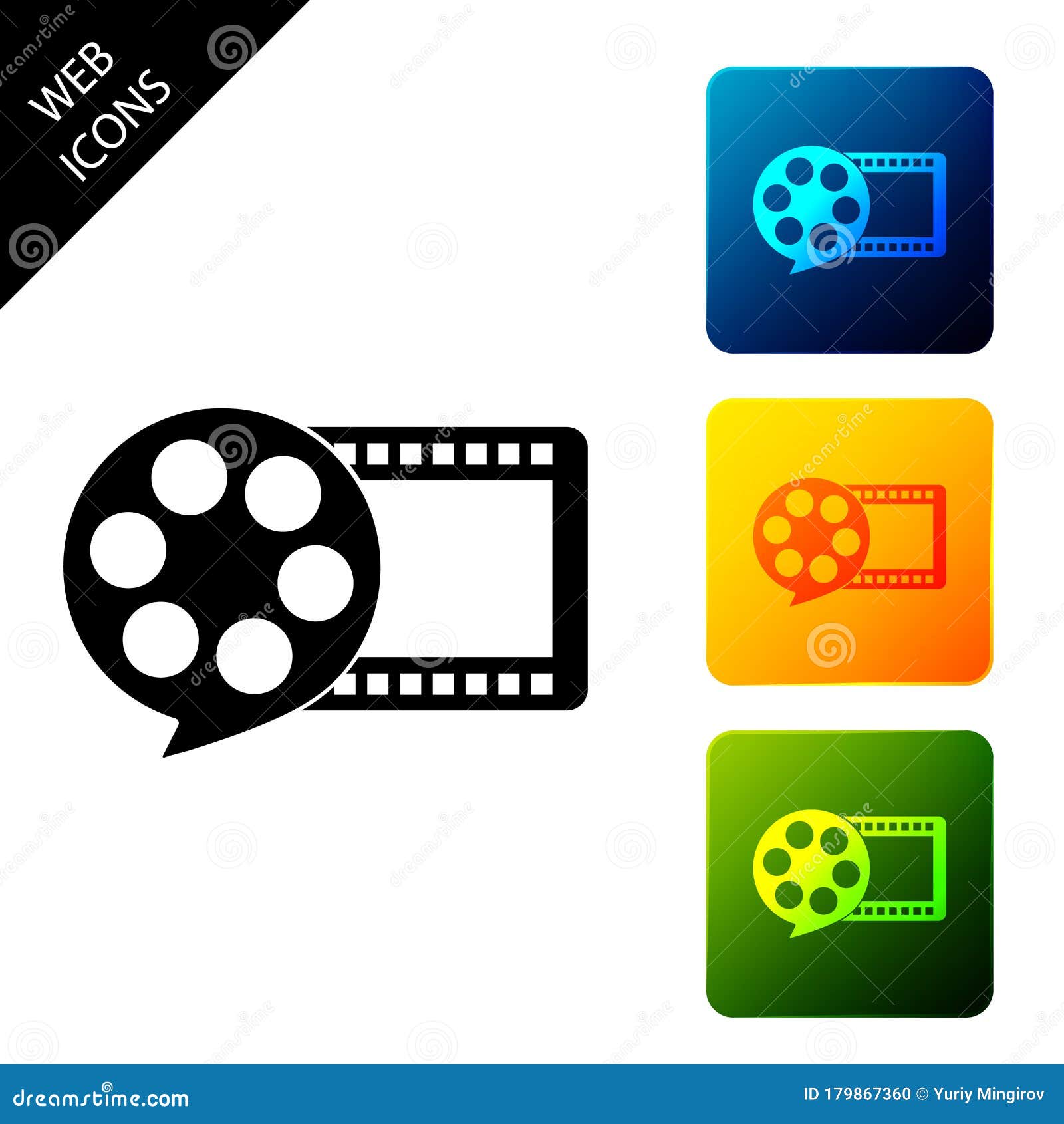 Film Reel and Play Video Movie Film Icon Isolated. Set Icons Colorful ...