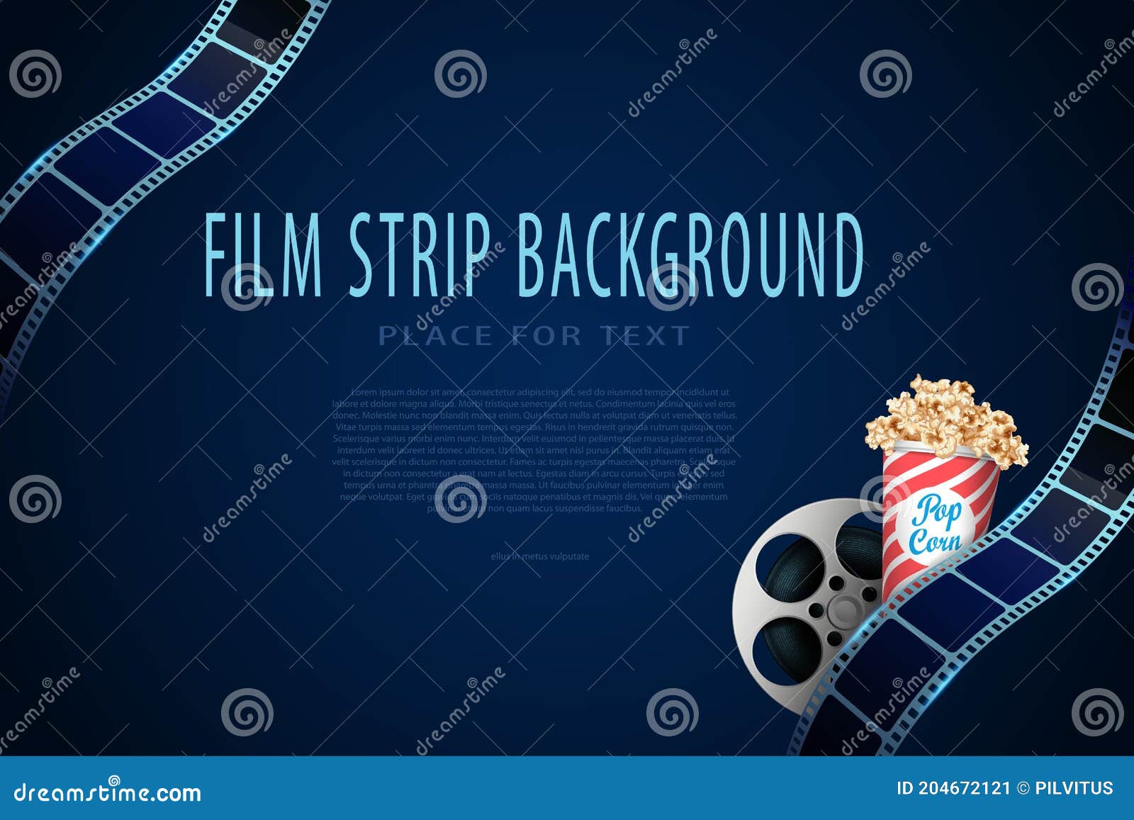 Film Reel with Film Strips in Waveform and Pop Corn Box. Modern Cinema  Background Stock Illustration - Illustration of clapper, camera: 204672121