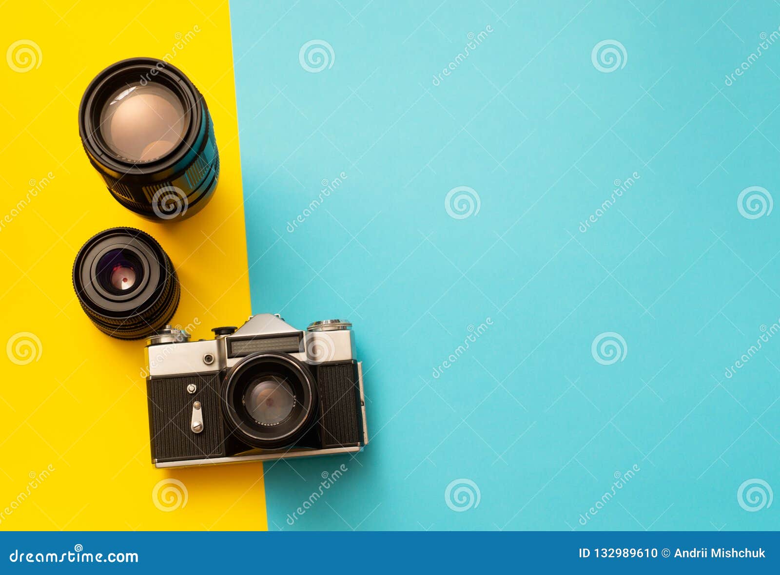Photo Camera with Spare Lenses on Blue and Yellow Background Stock Photo -  Image of objective, flatlay: 132989610