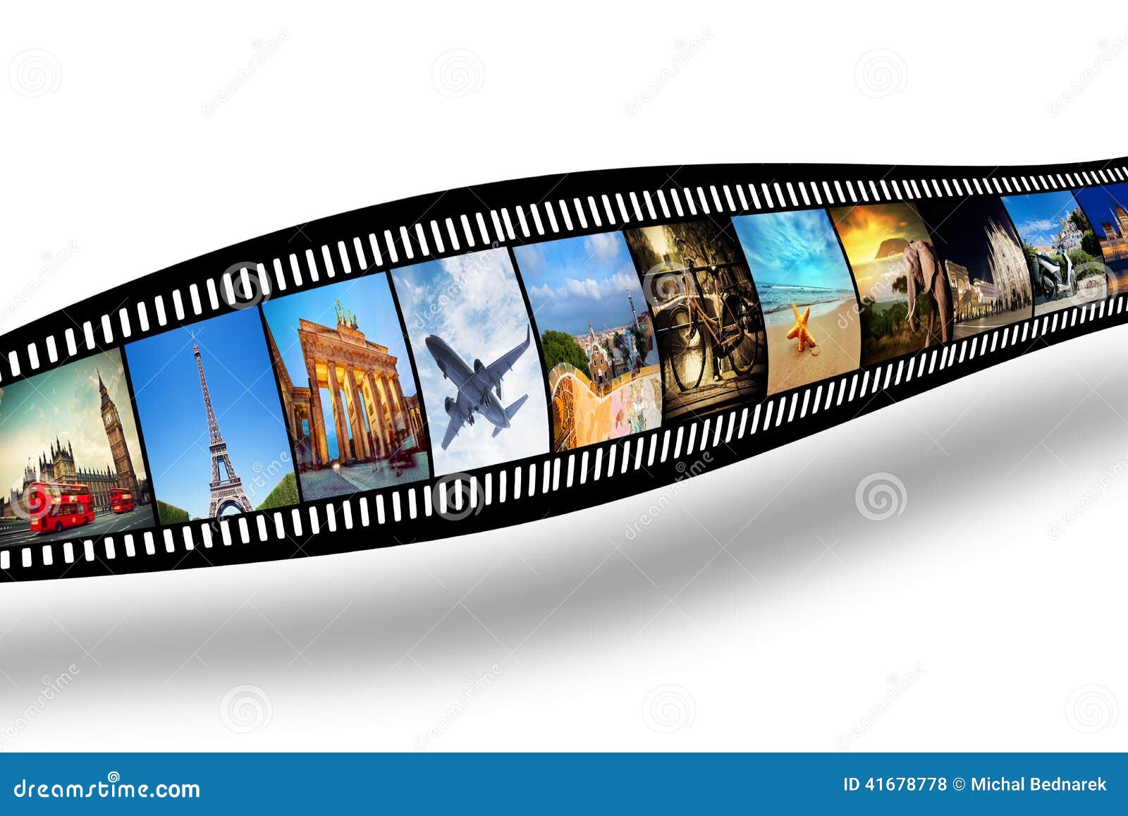 film strip with colorful, vibrant photographs. travel theme