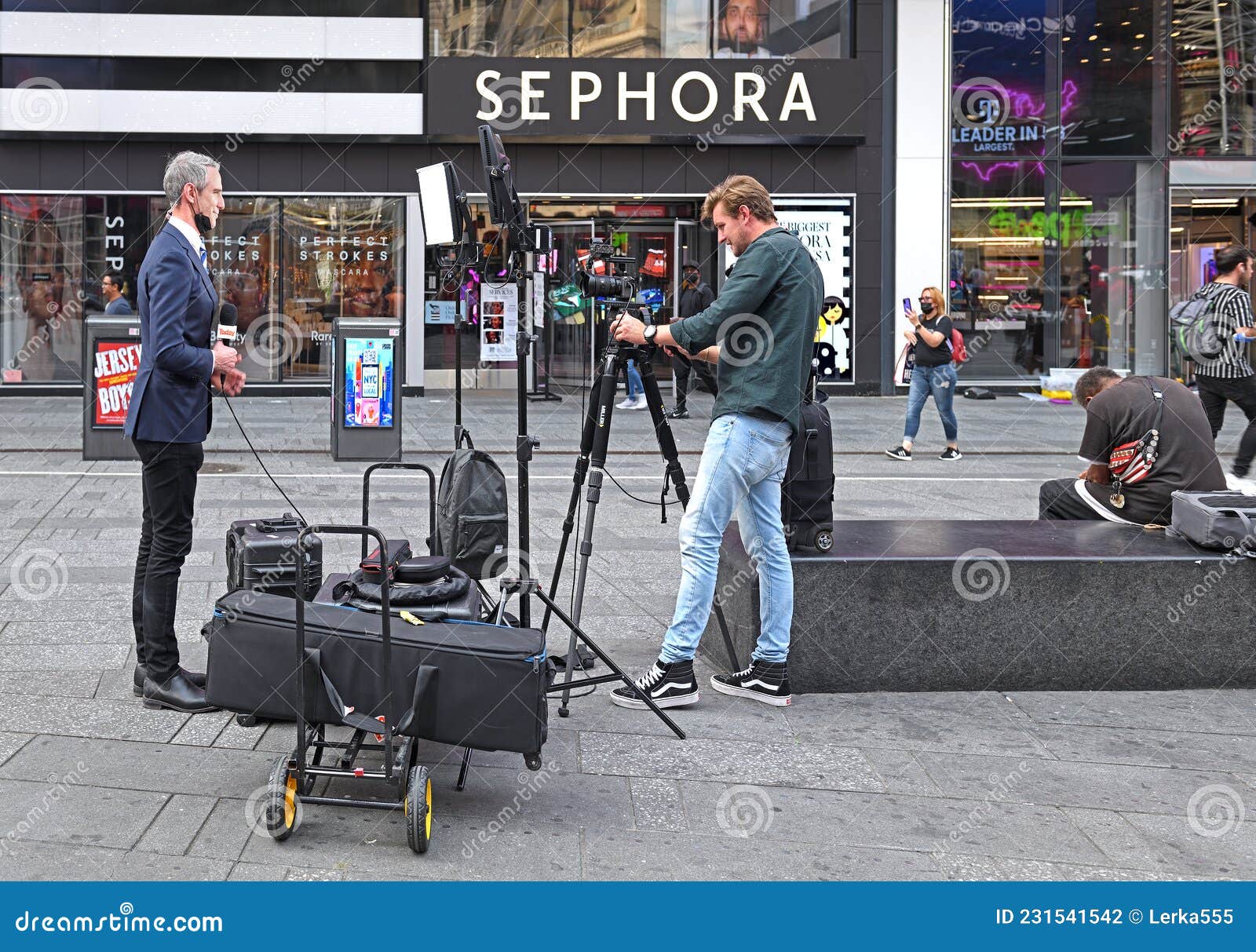 Filming New York Today Program at Famous Times Square in New York