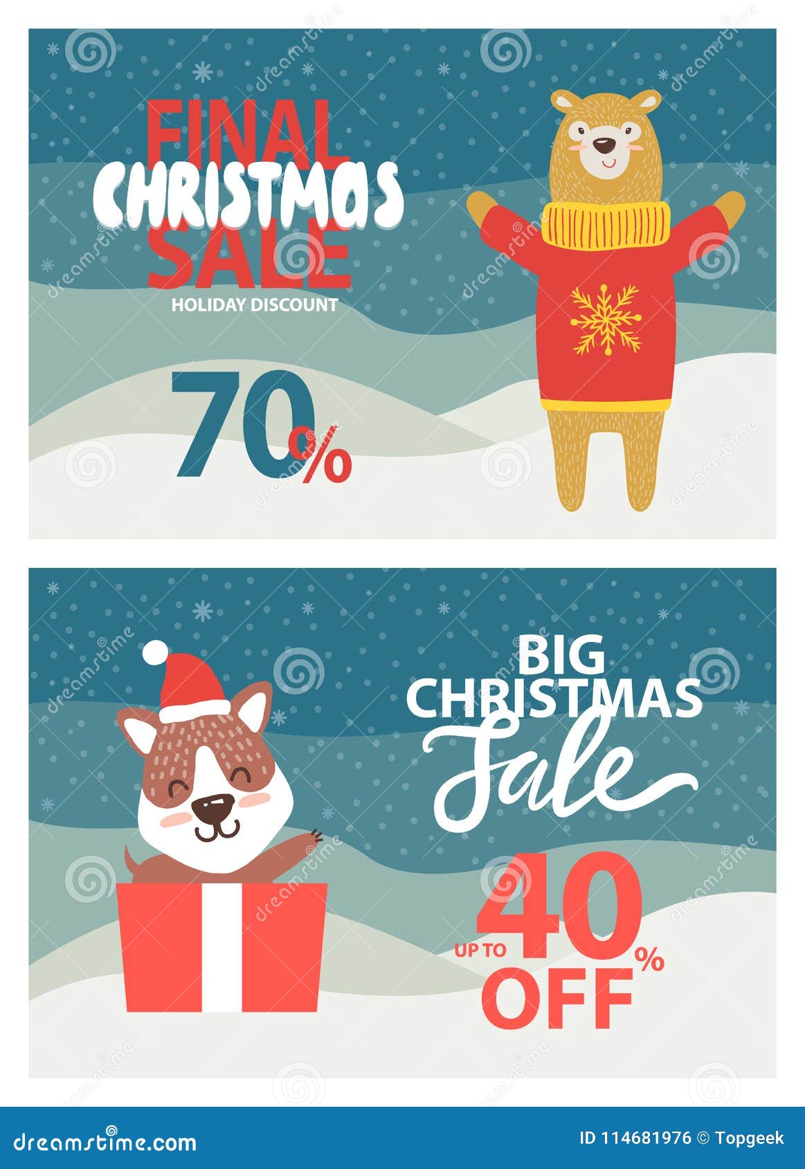 Final Christmas Sale 70 on Vector Illustration. Final Christmas sale 70 and up to 40 off, banners with titles and bear in red sweater with stretched paws, puppy with smile on vector illustration