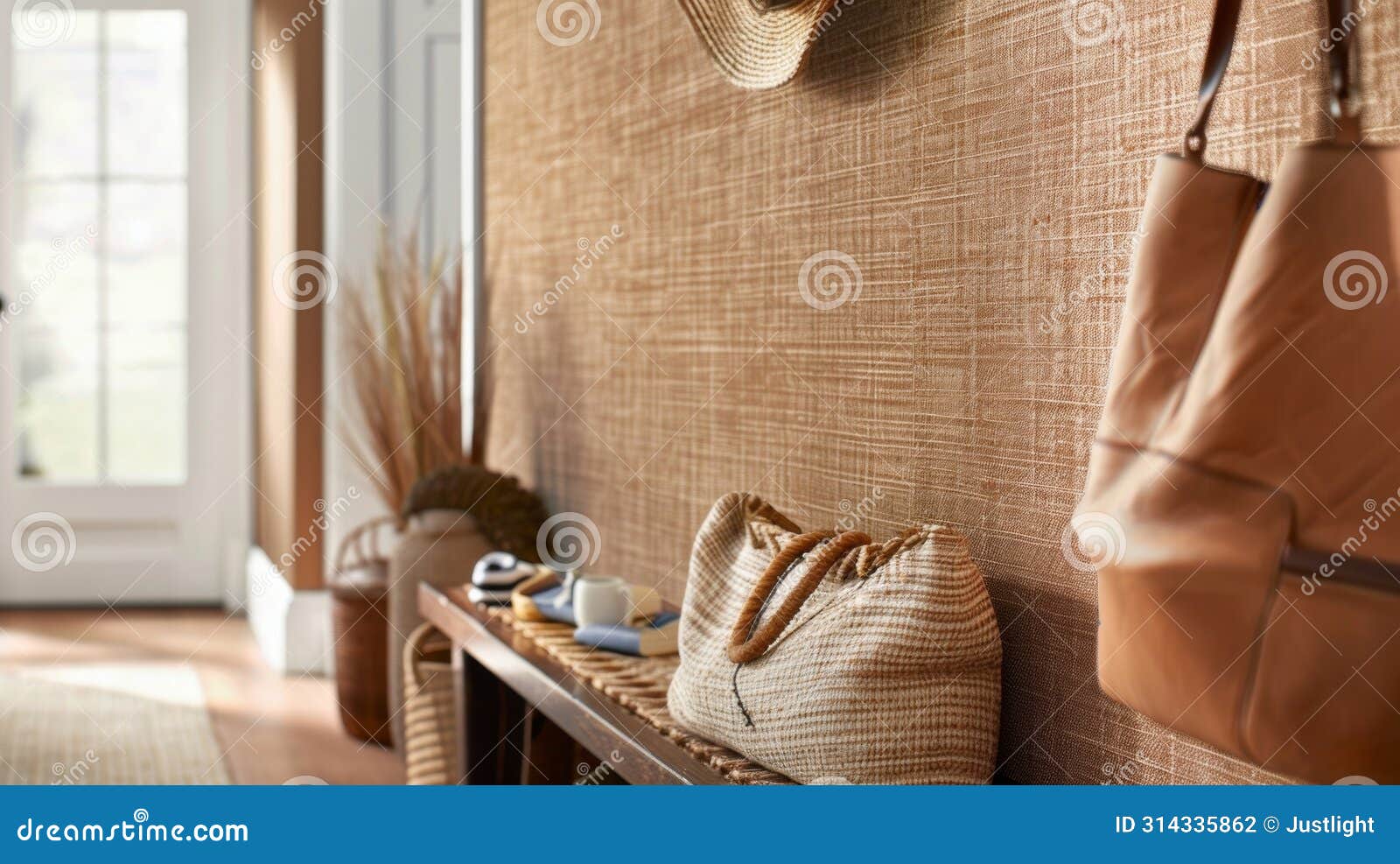 the final image showcases the durability of the jute journey wallpaper as it is used in a high traffic area like the