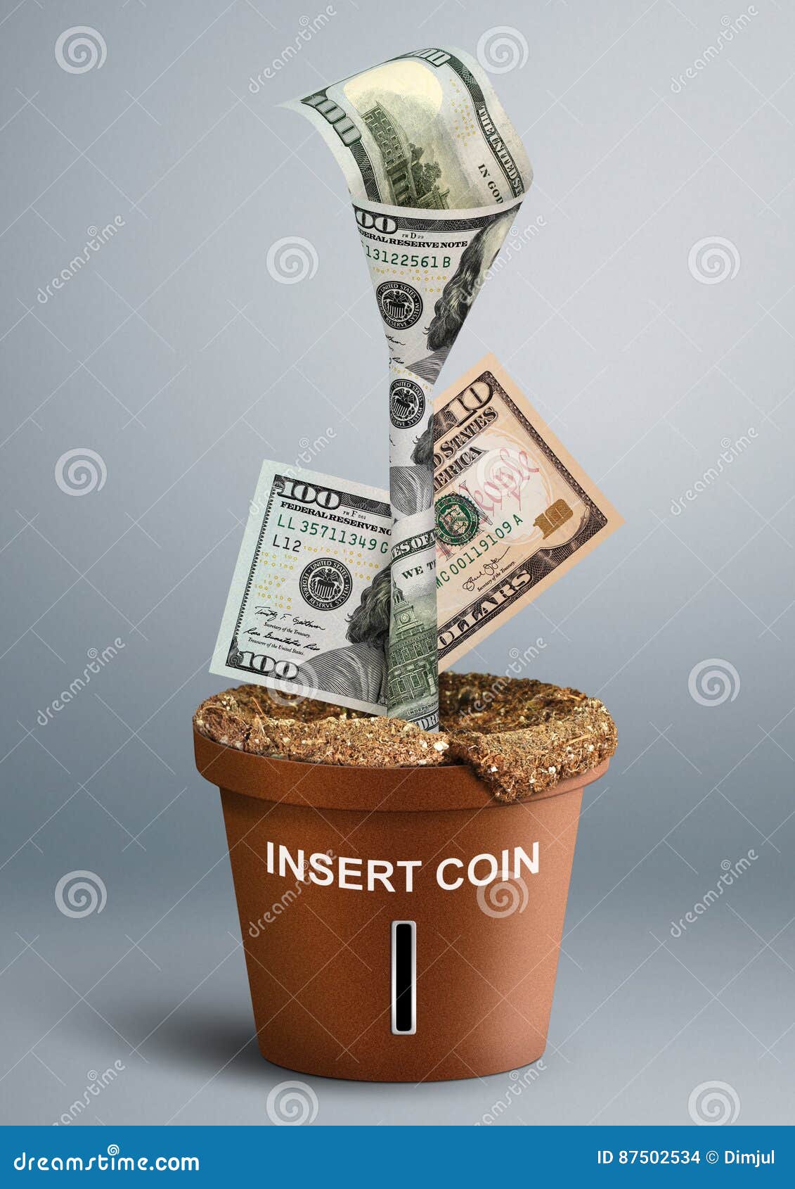 Finance Creative Concept, Money Growth As Flower in Pot Stock Photo
