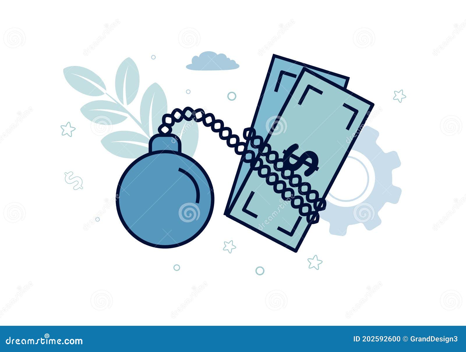 Finance. Debt. Dollar Bill in Chains of Shackles with a Load, the Inscription Debt Stock