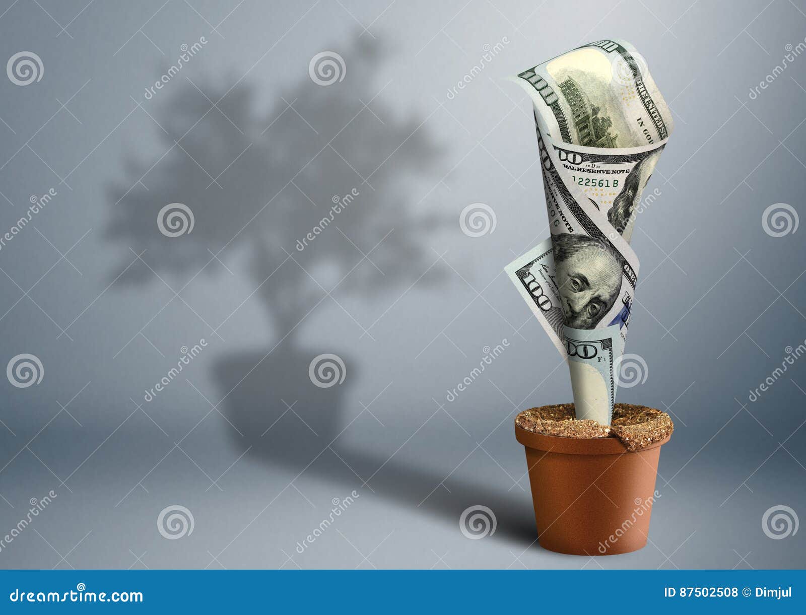 Finance Growth Creative Concept, Money As Tree in Pot Stock Photo