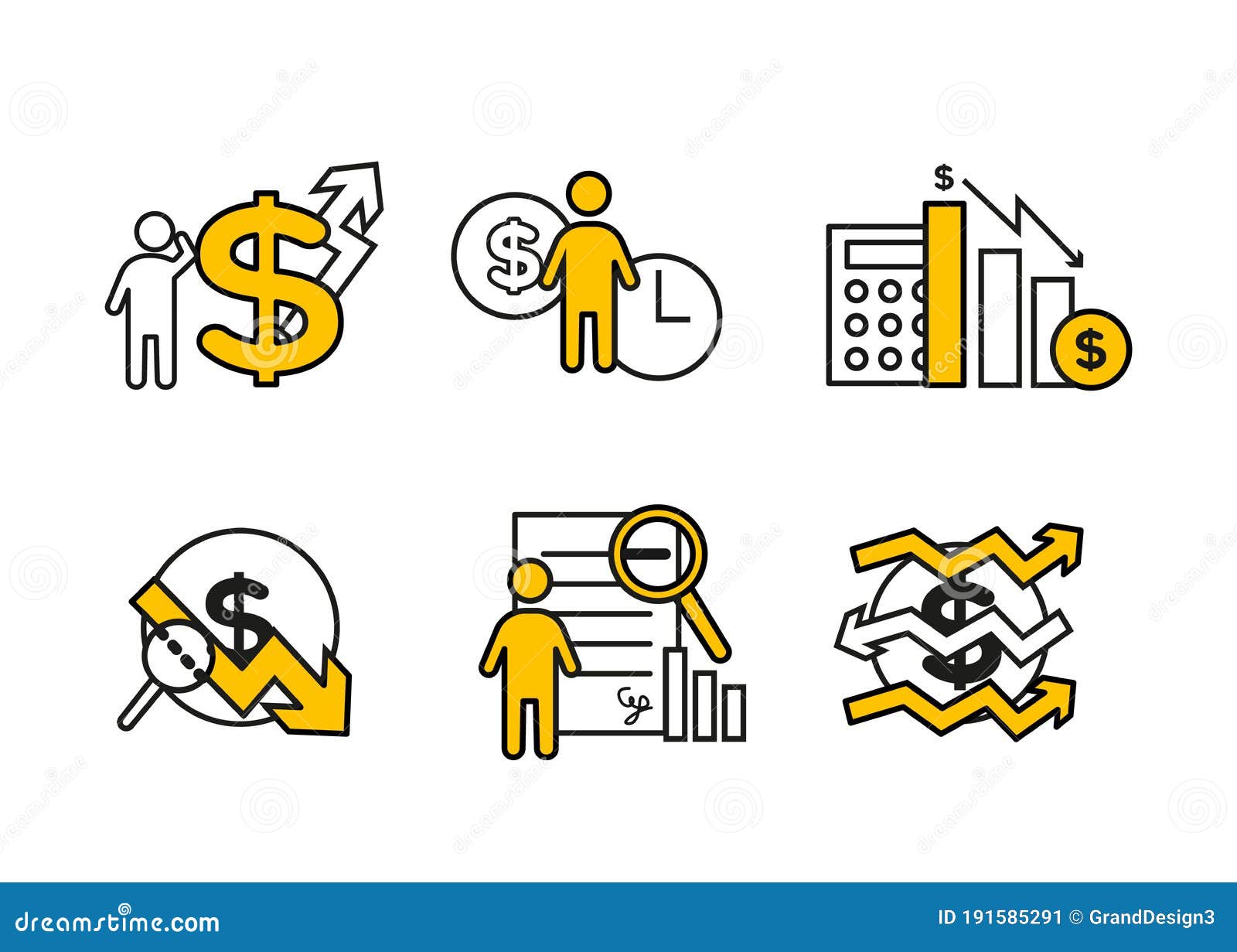 finance icons set.   of financial management, econometrics. a dollar sign, next to which is the silhouette of a