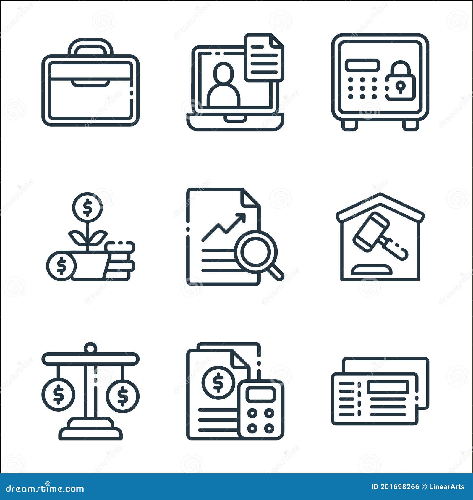 finance line icons. linear set. quality  line set such as cheque, budget, balance, auction, analytics, investment, safe box