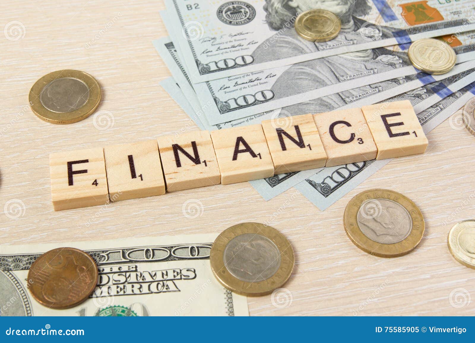 Finance. Money Dollars Euro Cents On Wooden Table Desk ...