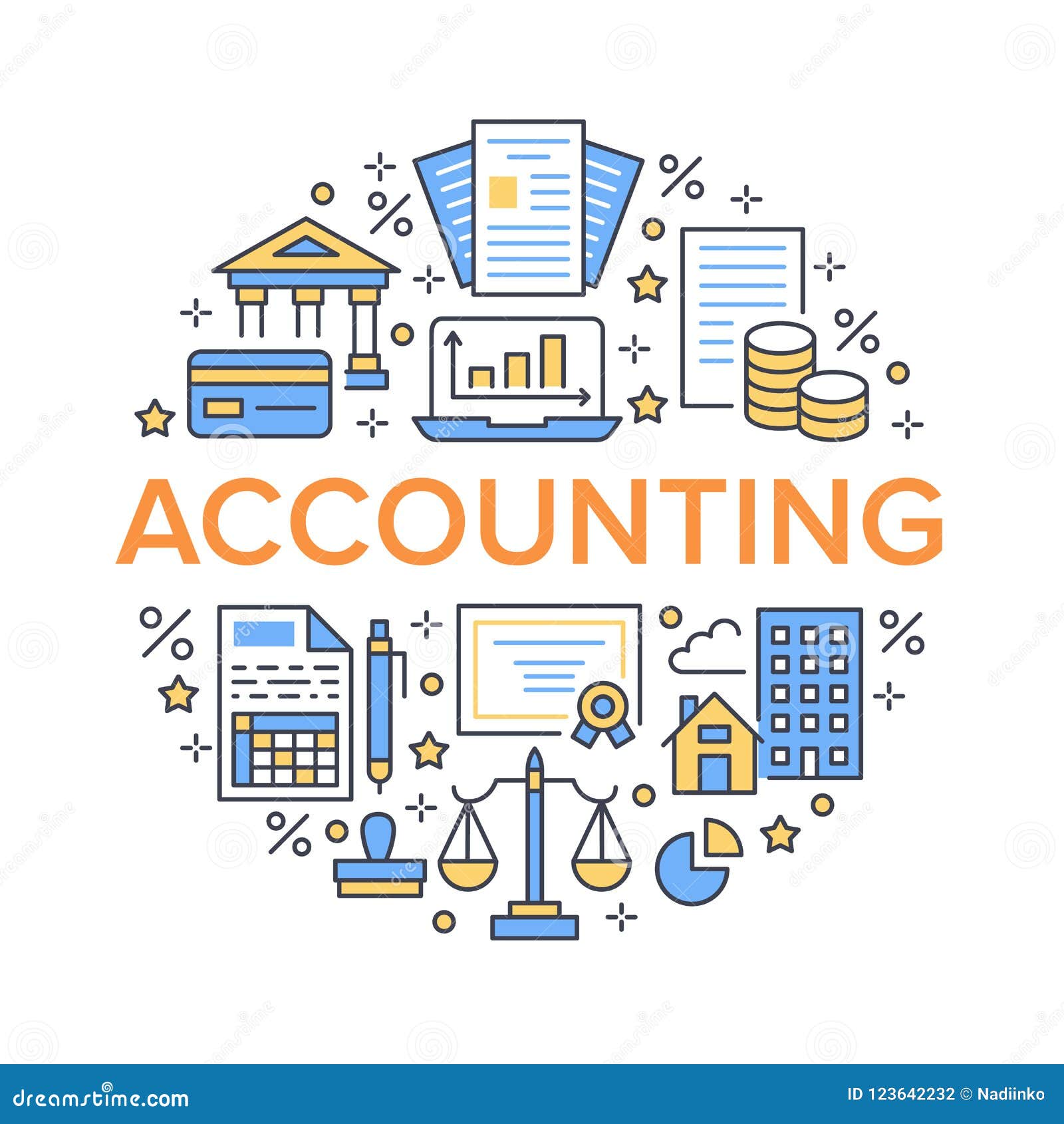 Financial Accounting Circle Poster With Flat Line Icons. Bookkeeping Brochure Concept, Tax