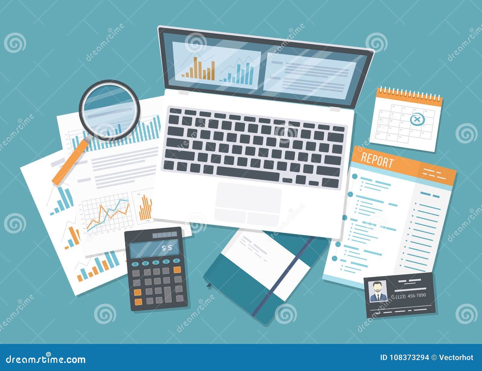 financial audit, accounting, data analysis, report, research. documents with report, magnifying glas