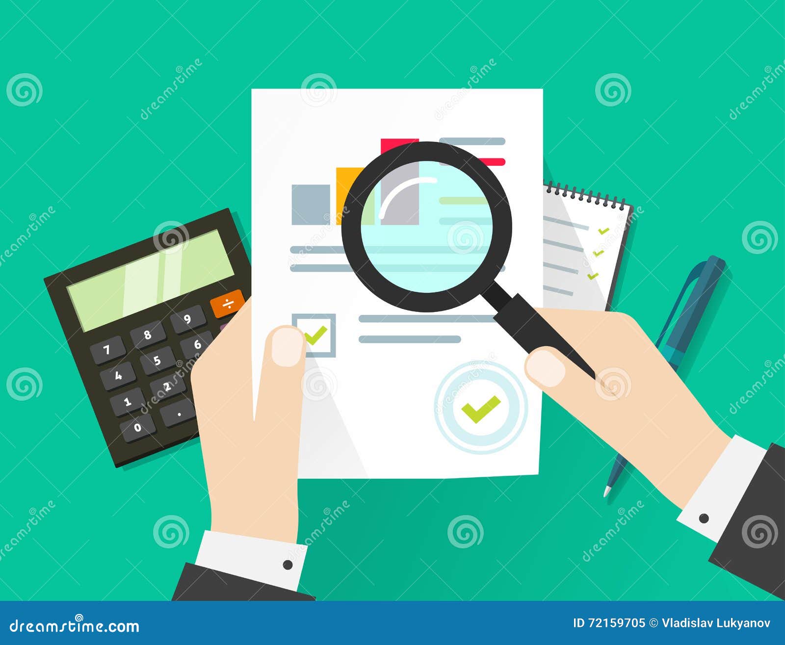 financial audit, auditing tax process, paper sheet with hands