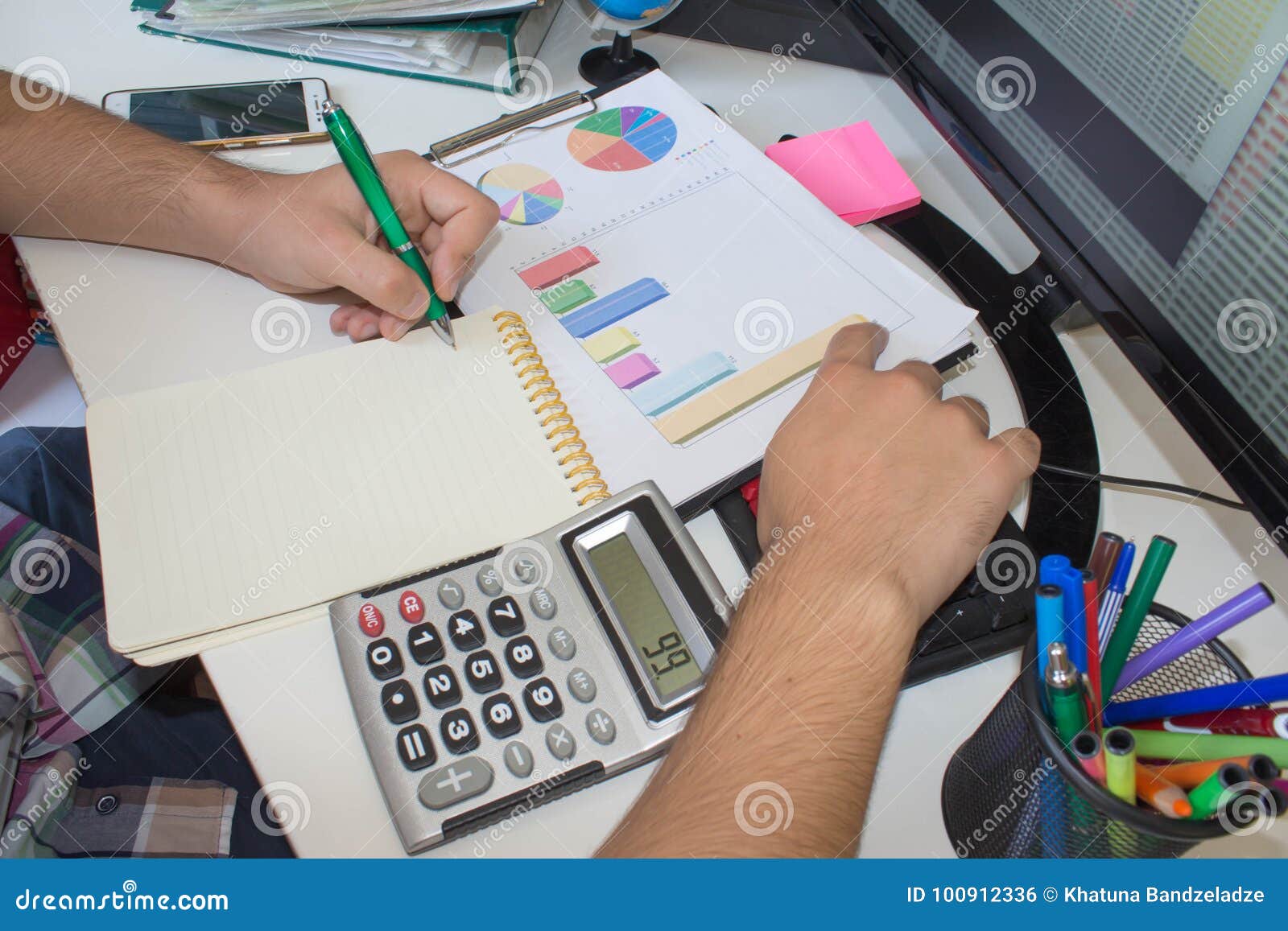 Financial Data Analyzing. Counting on Calculator Stock Photo Image of
