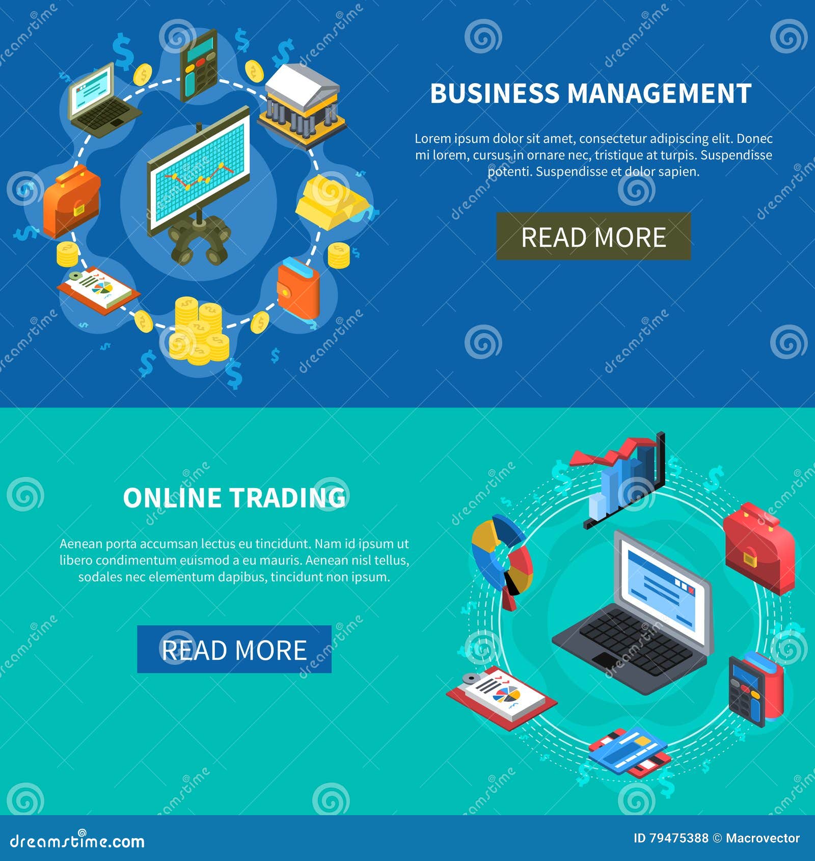 Financial Isometric Icons Banners Set Stock Vector Illustration Of - business management and online trading isometric icons banners with read more button diagrams money computer symbols vector illustration