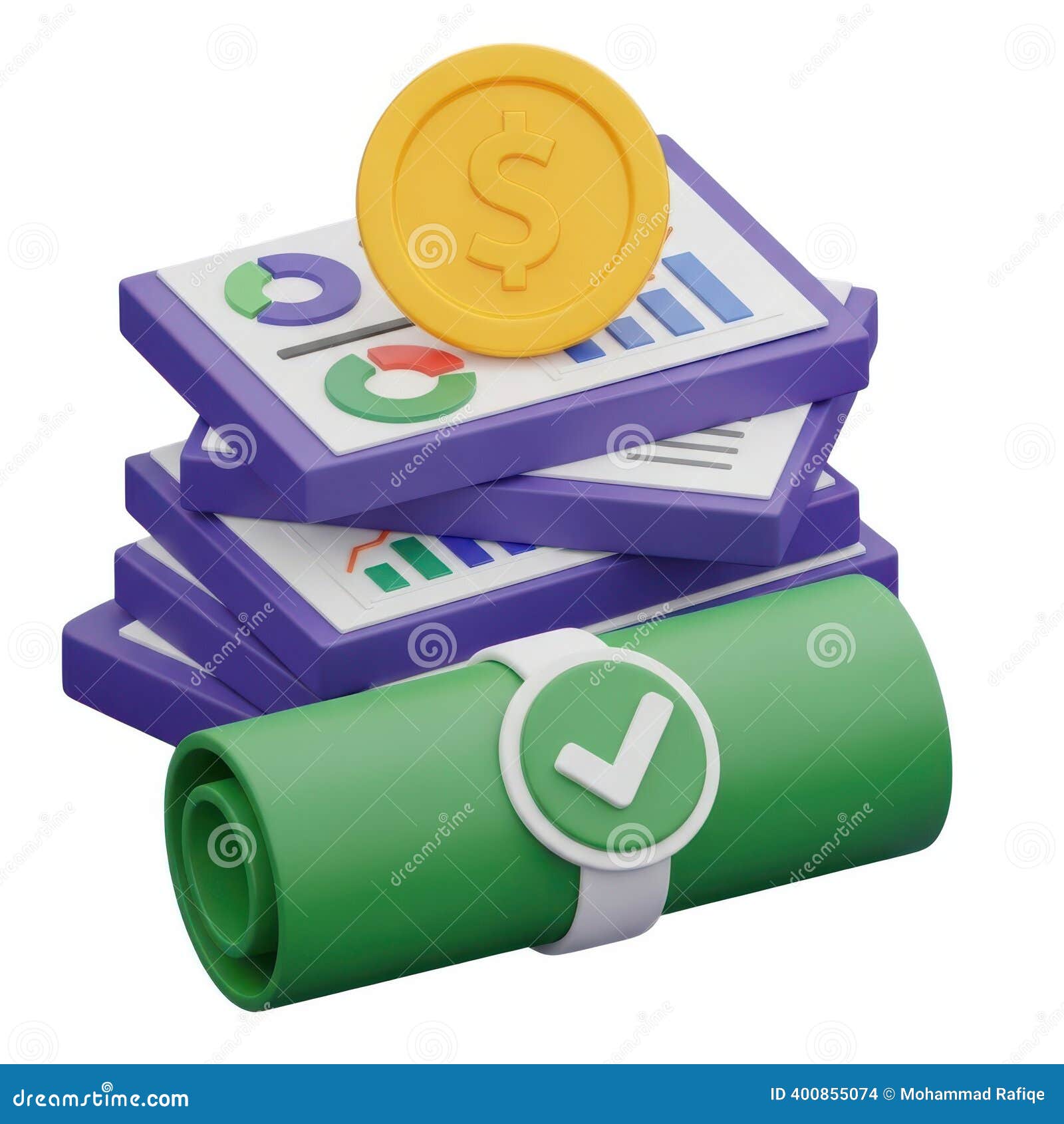 Financial Report Documents Stacked with Golden Coin and Approved Scroll  Isolated on White Background Stock Illustration - Illustration of approved,  document: 400855074