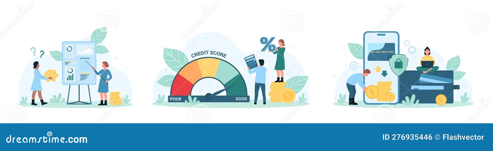 financial report set, tiny people improve credit score level, work with data presentation