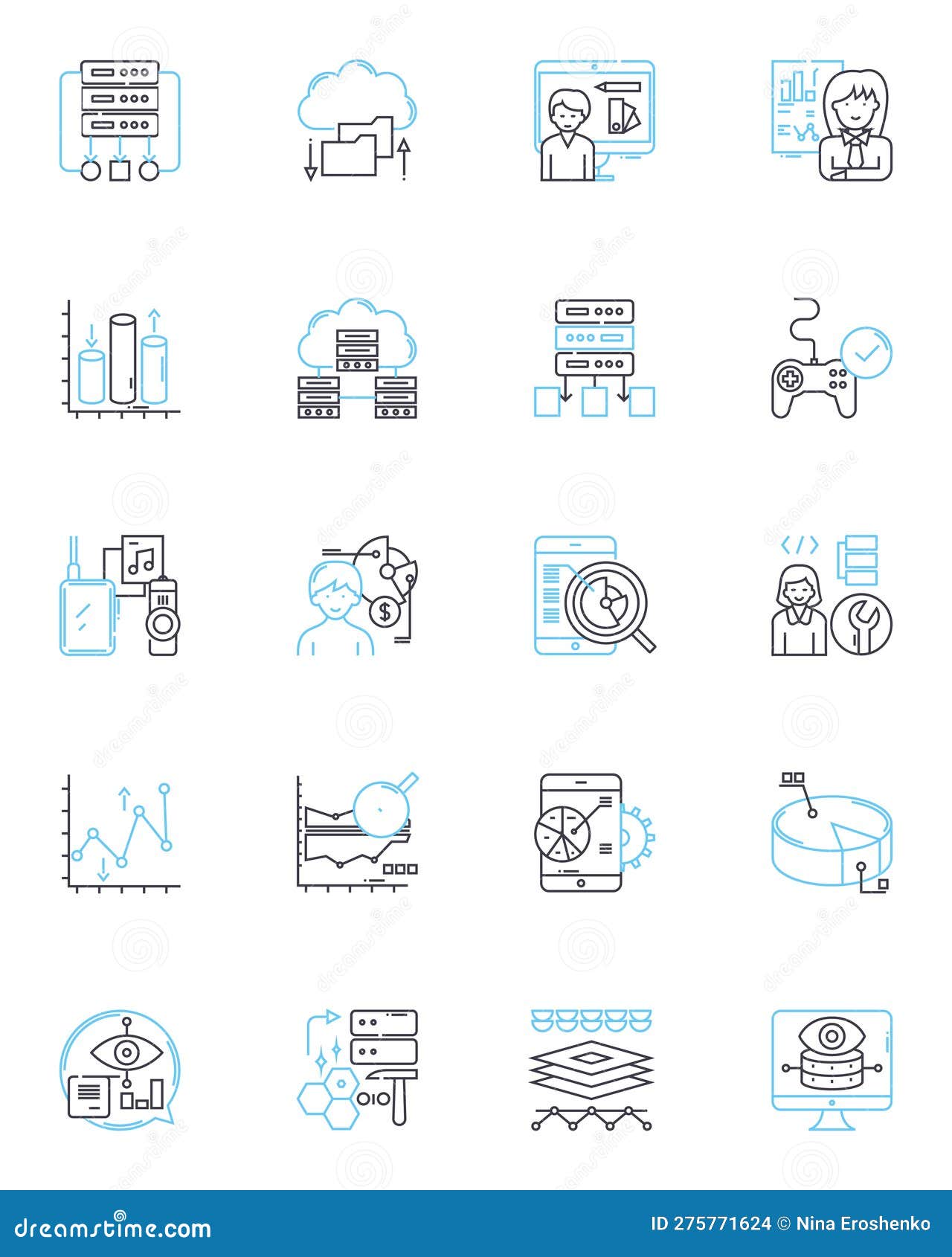 financial reporting linear icons set. transparency, accuracy, accountability, consolidation, disclosure, compliance