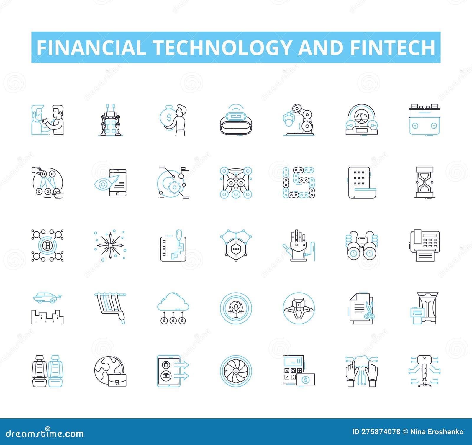 financial technology and fintech linear icons set. blockchain, cryptocurrency, ai, regtech, peer-to-peer, crowdfunding