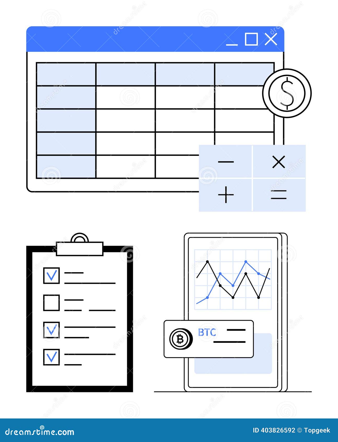 Financial Tools with Spreadsheet, Checklist, Calculator, and Cryptocurrency  Trading App Visualization Stock Vector - Illustration of checklist,  smartphone: 403826592