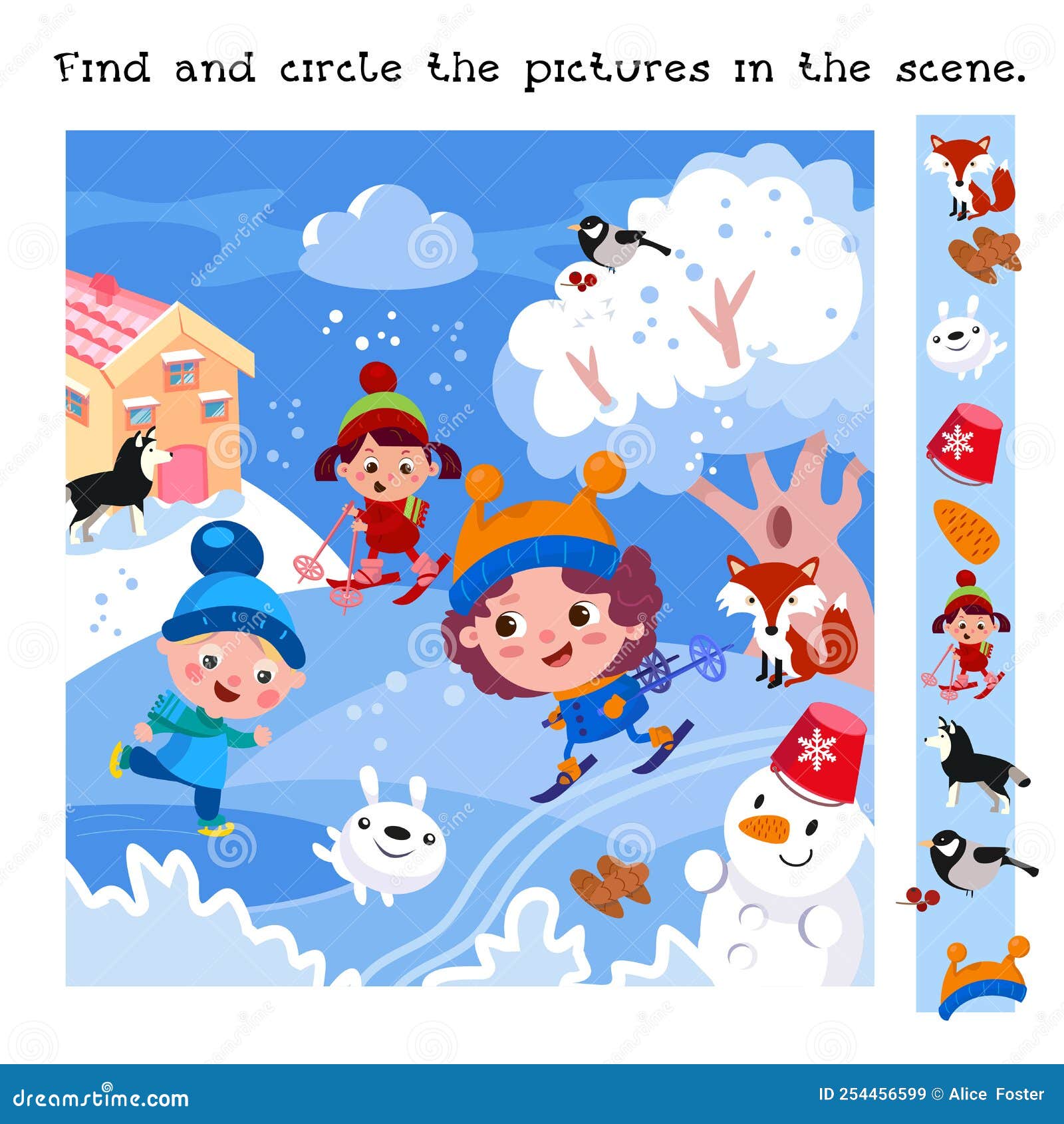 find and circle objects. educational game for children. cute children and animals in winter. children skiing and skating