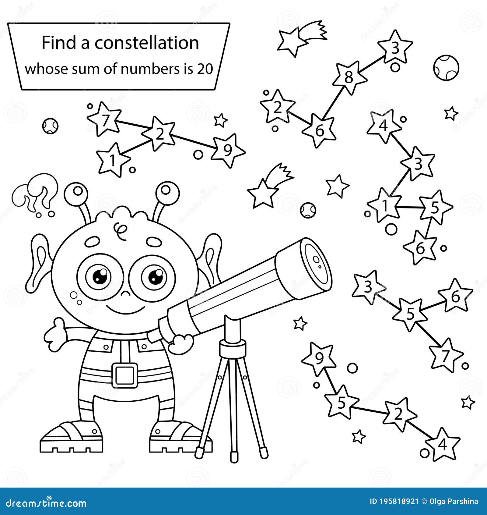 find a constellation whose sum of numbers is 20. puzzle game. coloring page outline of cartoon alien with telescope. space.