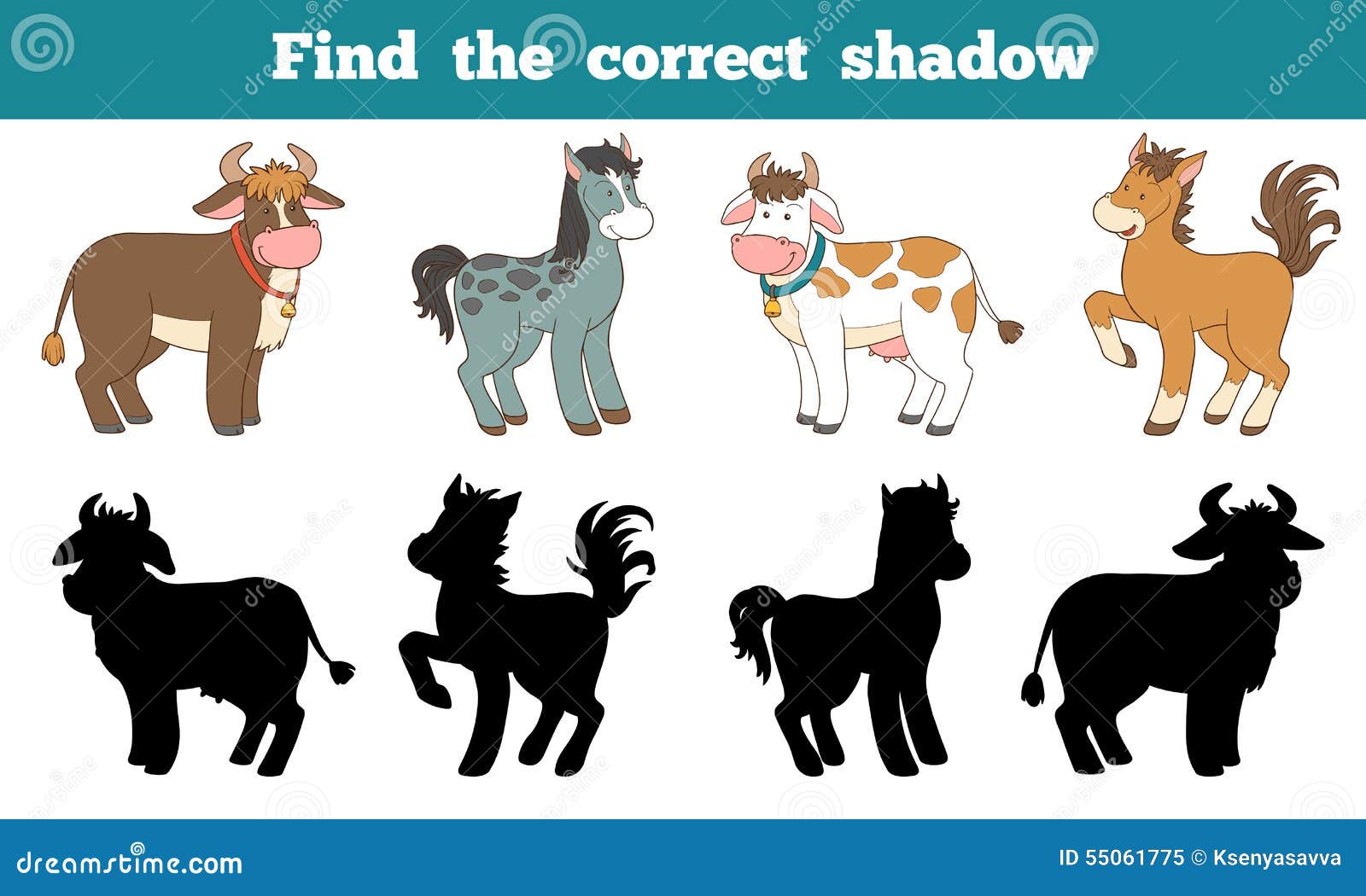 find the correct shadow: farm animals (horse and cows)