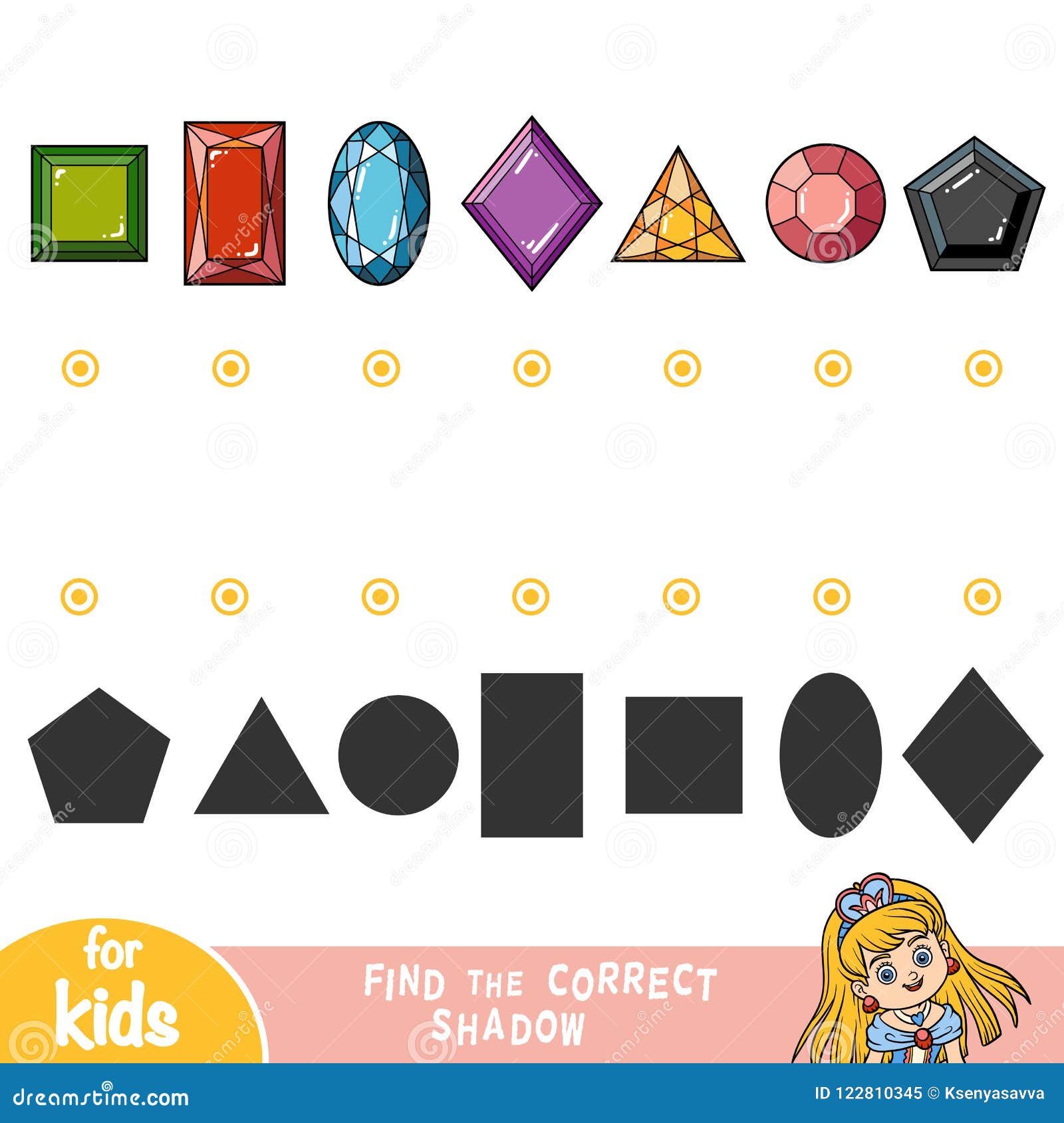 find the correct shadow, game for children, gemstones