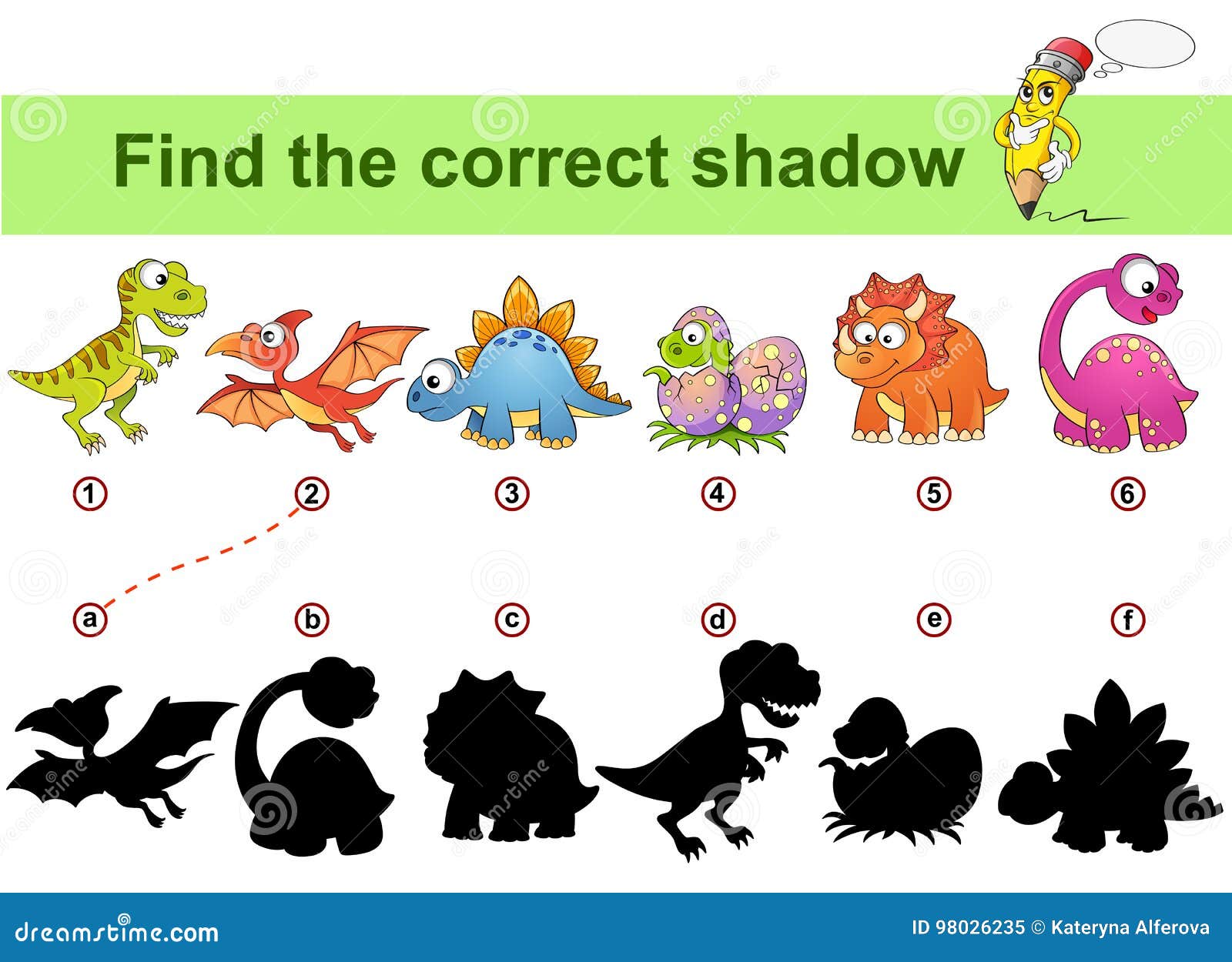 find correct shadow. kids educational game. dinosaurs