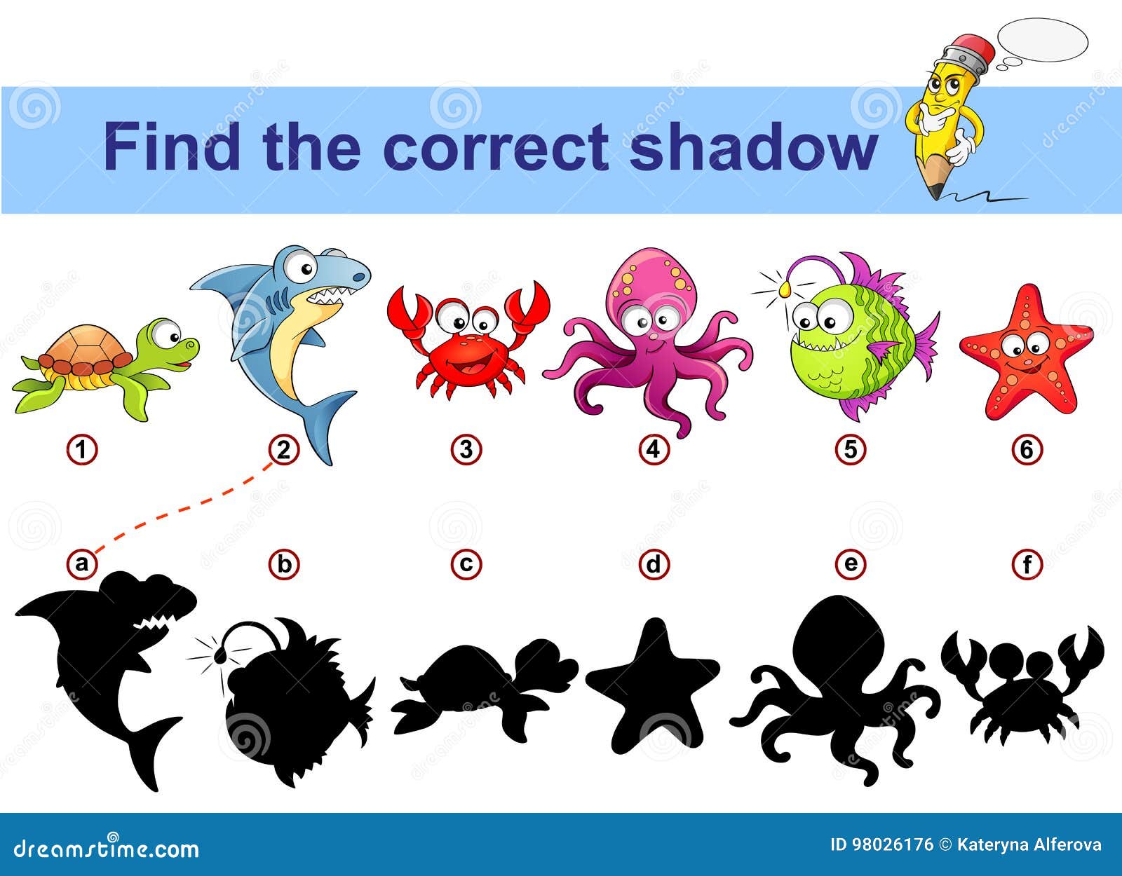 find correct shadow. kids educational game. sea animals. turtle, shark, crab, octopus, monkfish, starfish