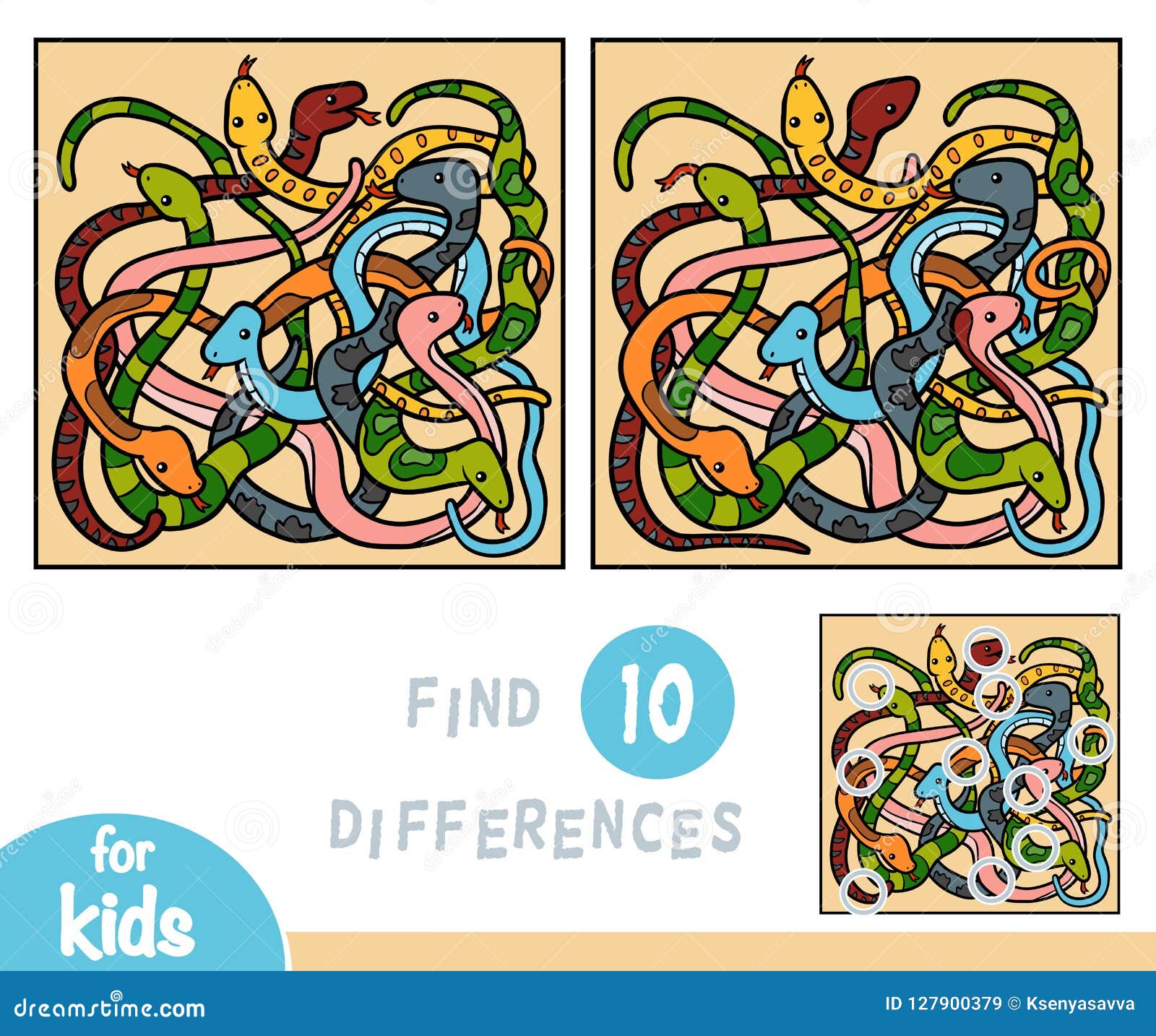 find differences, game for children, eight snakes