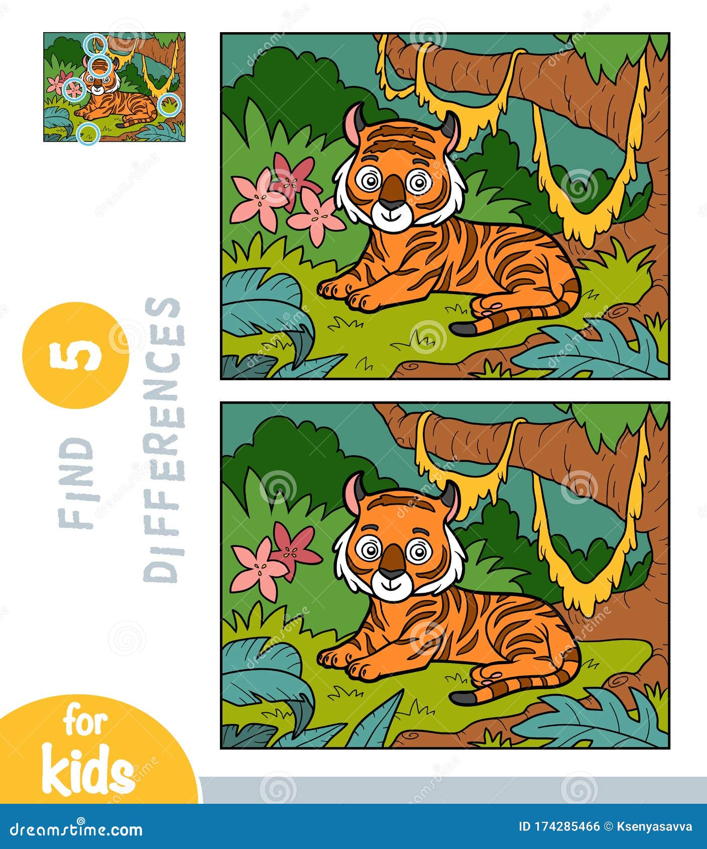 Find Differences, Education Game For Children, Tiger In The Meadow In The  Jungle Stock Vector - Illustration Of Game, Animal: 174285466