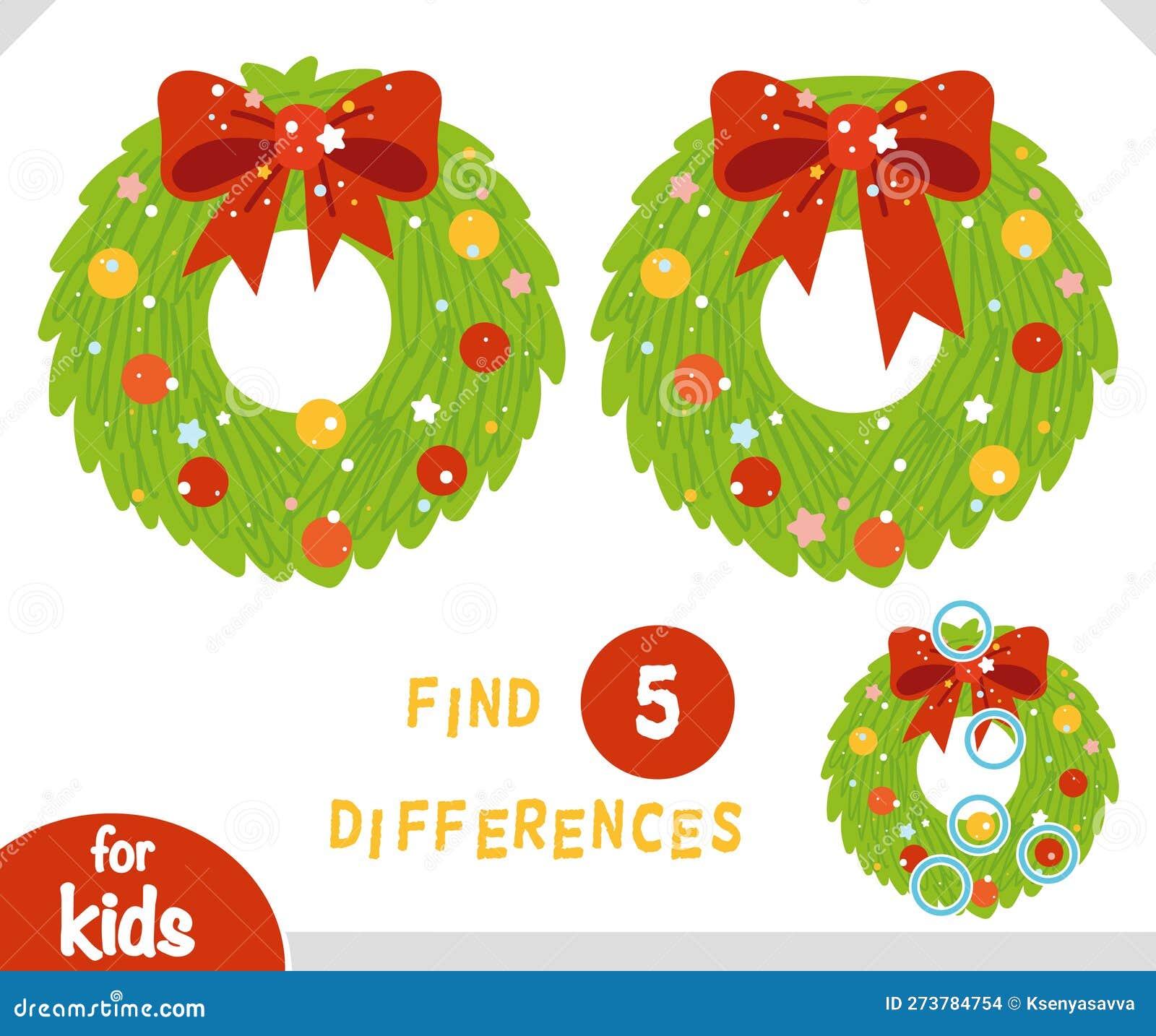 Find Differences Educational Game, Christmas Wreath Stock Vector
