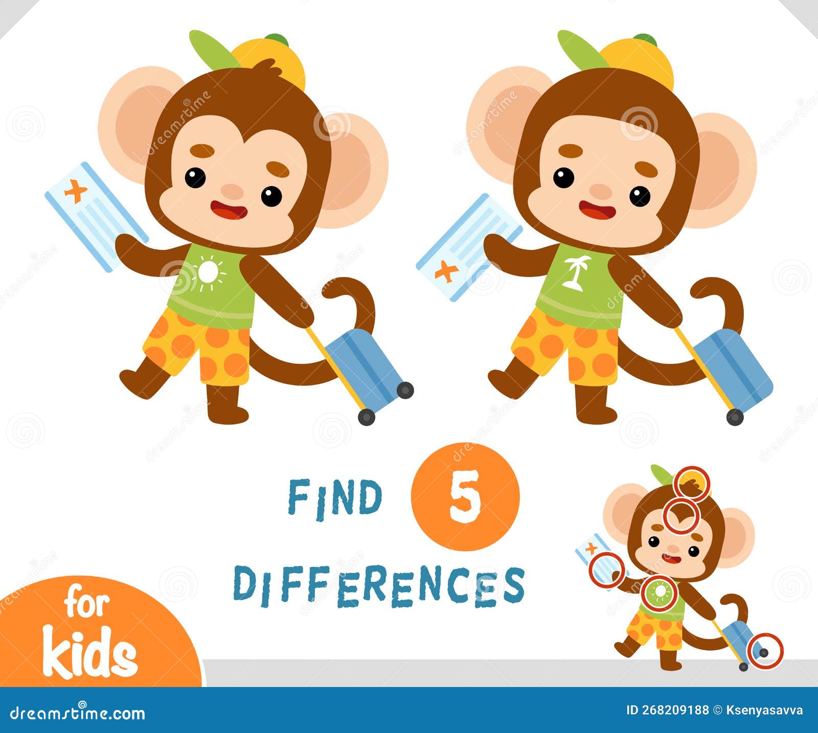 Find Differences Educational Game, Cute Monkey Traveler with Suitcase