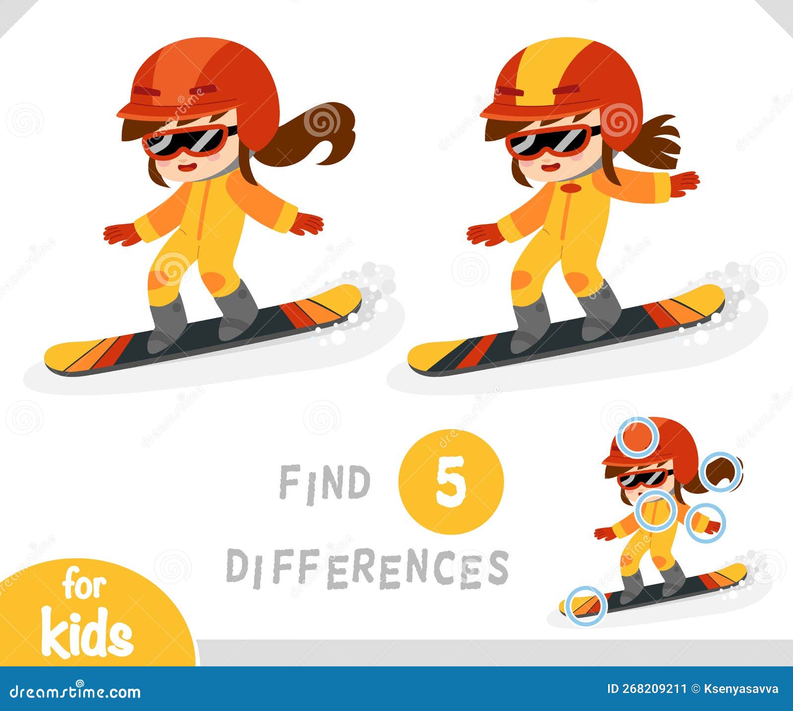 Find Differences Educational Game, Girl Riding a Snowboard Stock Vector